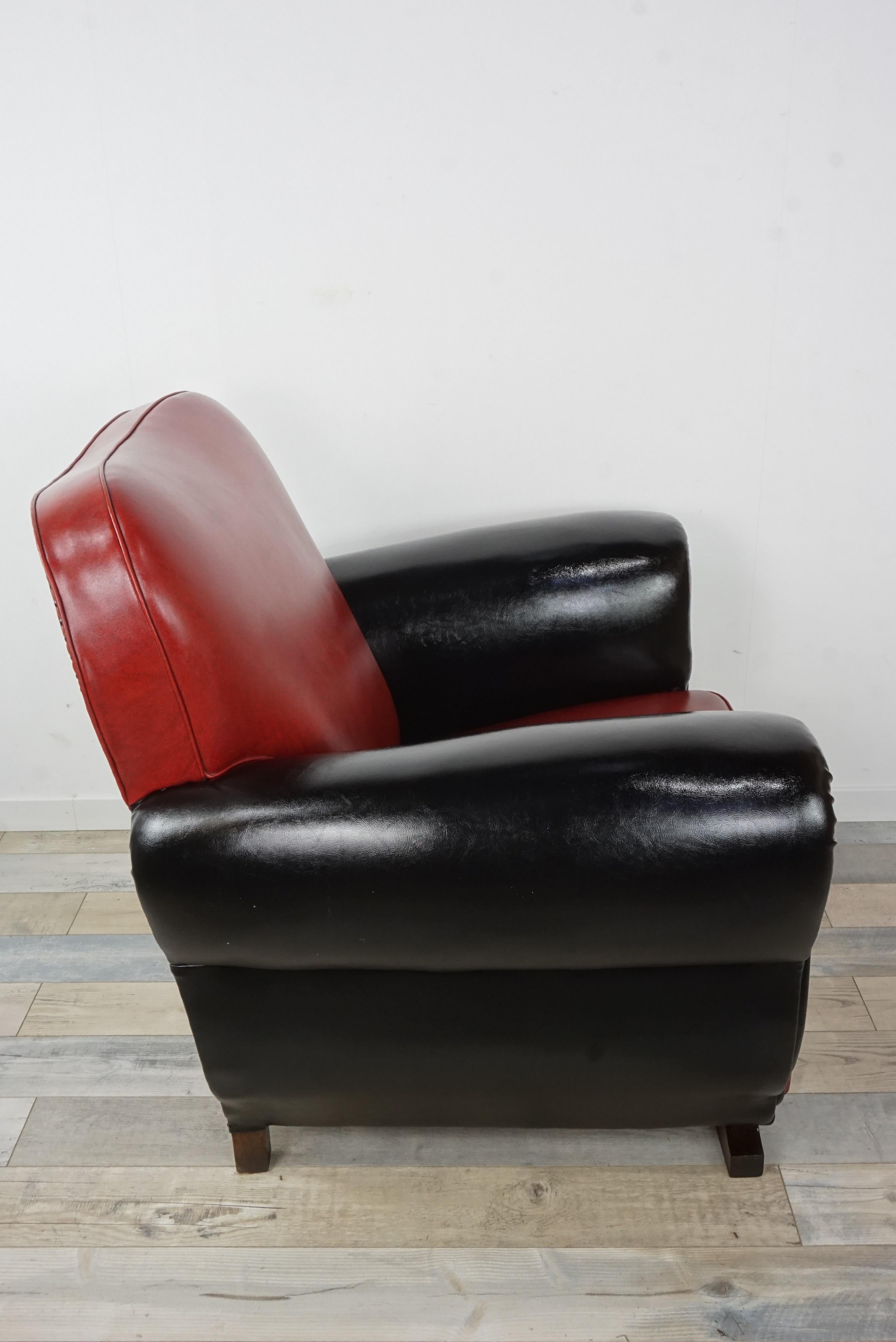 French Art Deco Red and Black Faux Leather Club Armchair 6