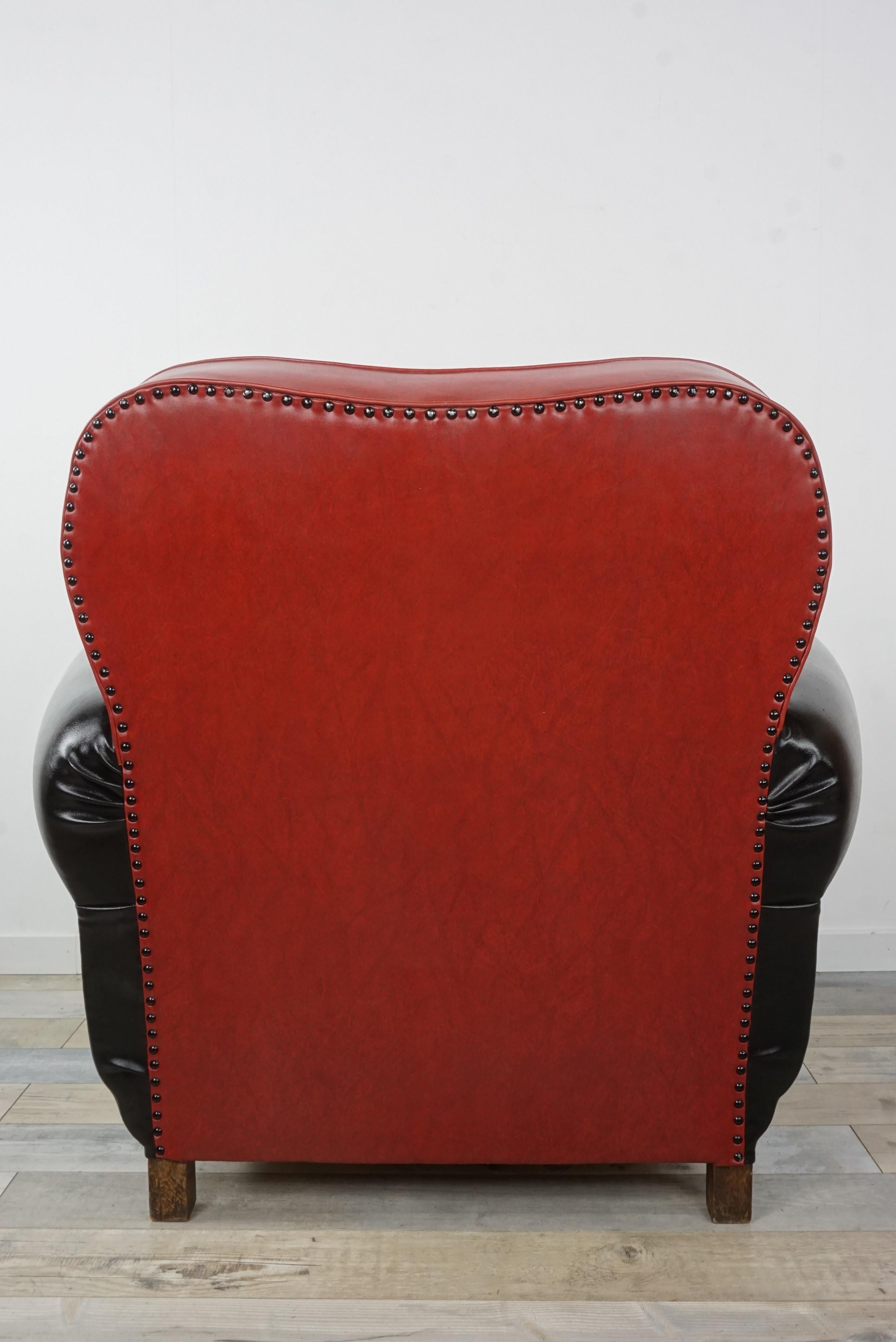 French Art Deco Red and Black Faux Leather Club Armchair 7