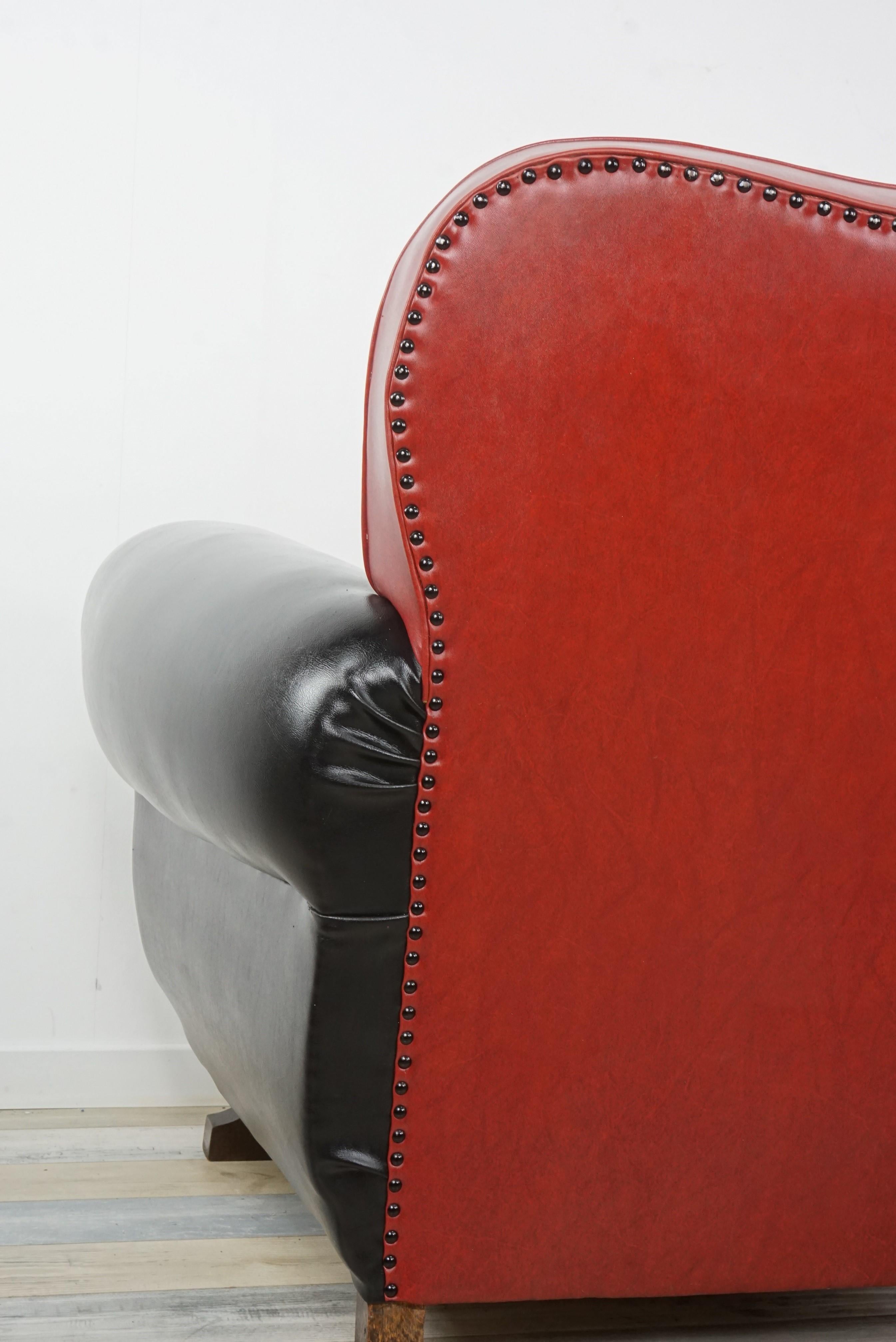 French Art Deco Red and Black Faux Leather Club Armchair 8