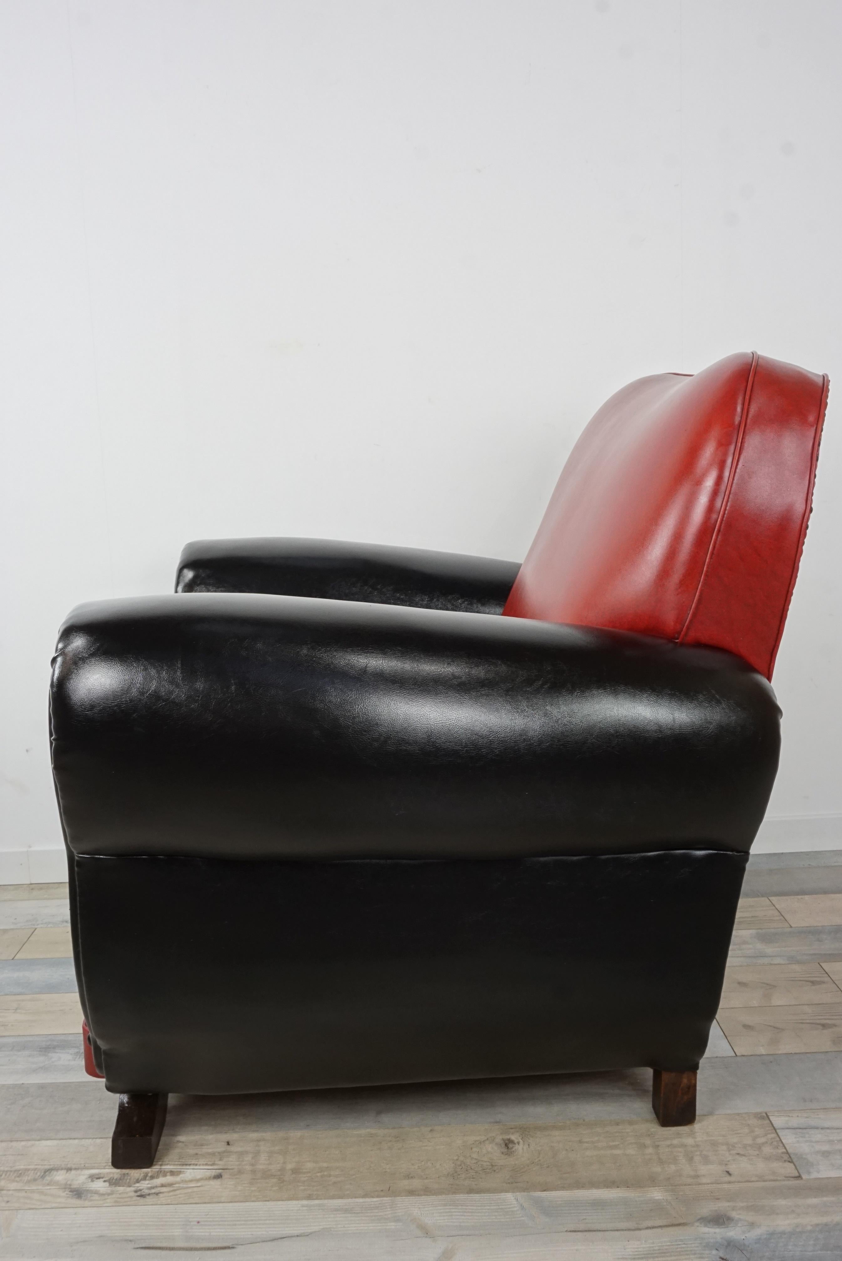 French Art Deco Red and Black Faux Leather Club Armchair 9