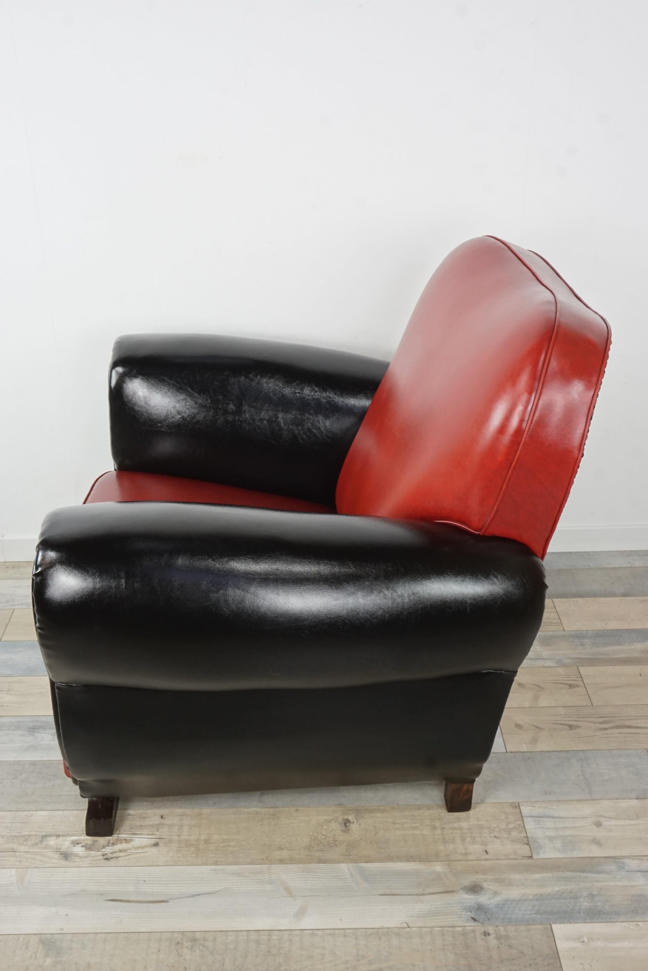 French Art Deco Red and Black Faux Leather Club Armchair 10