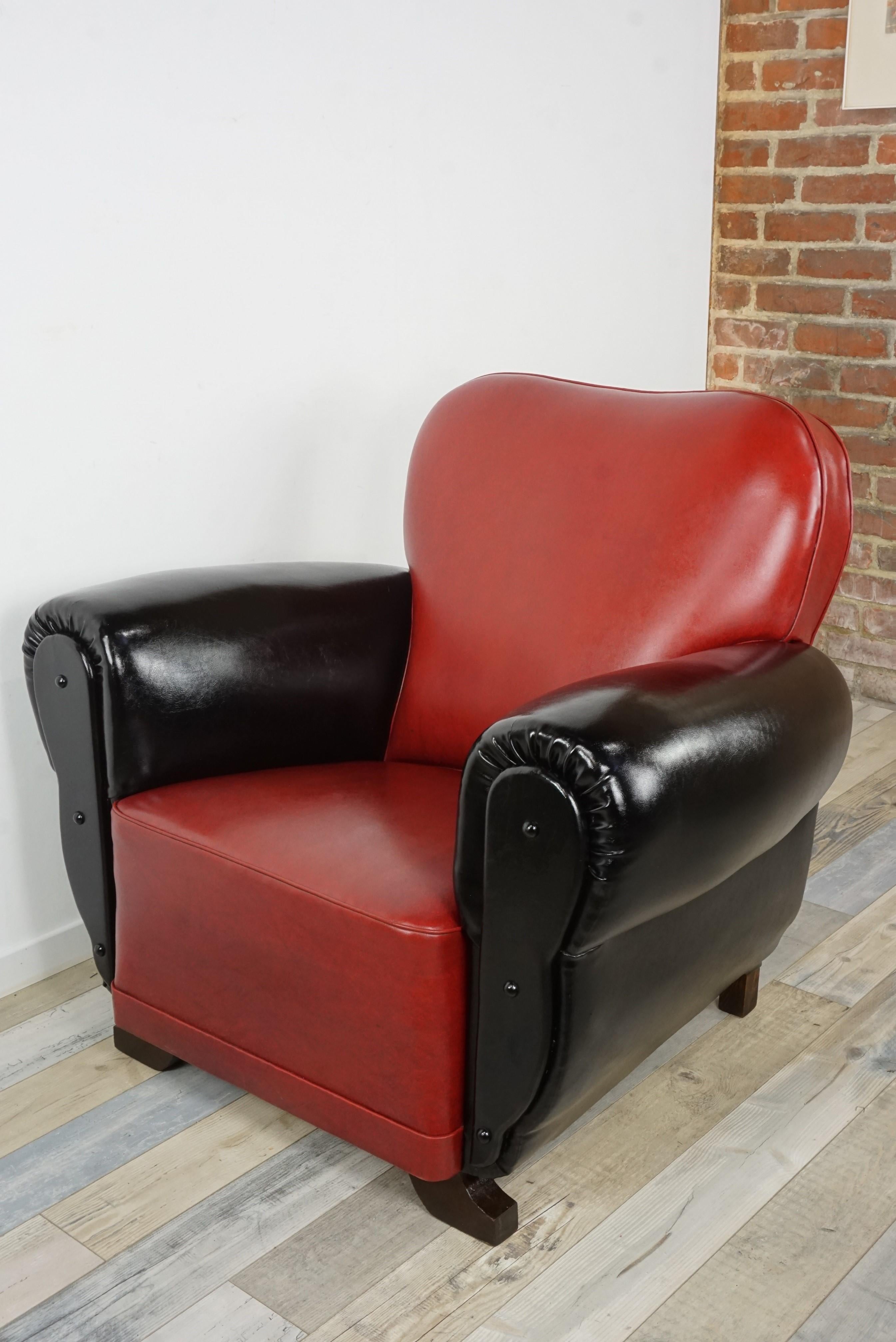 French Art Deco Red and Black Faux Leather Club Armchair 11