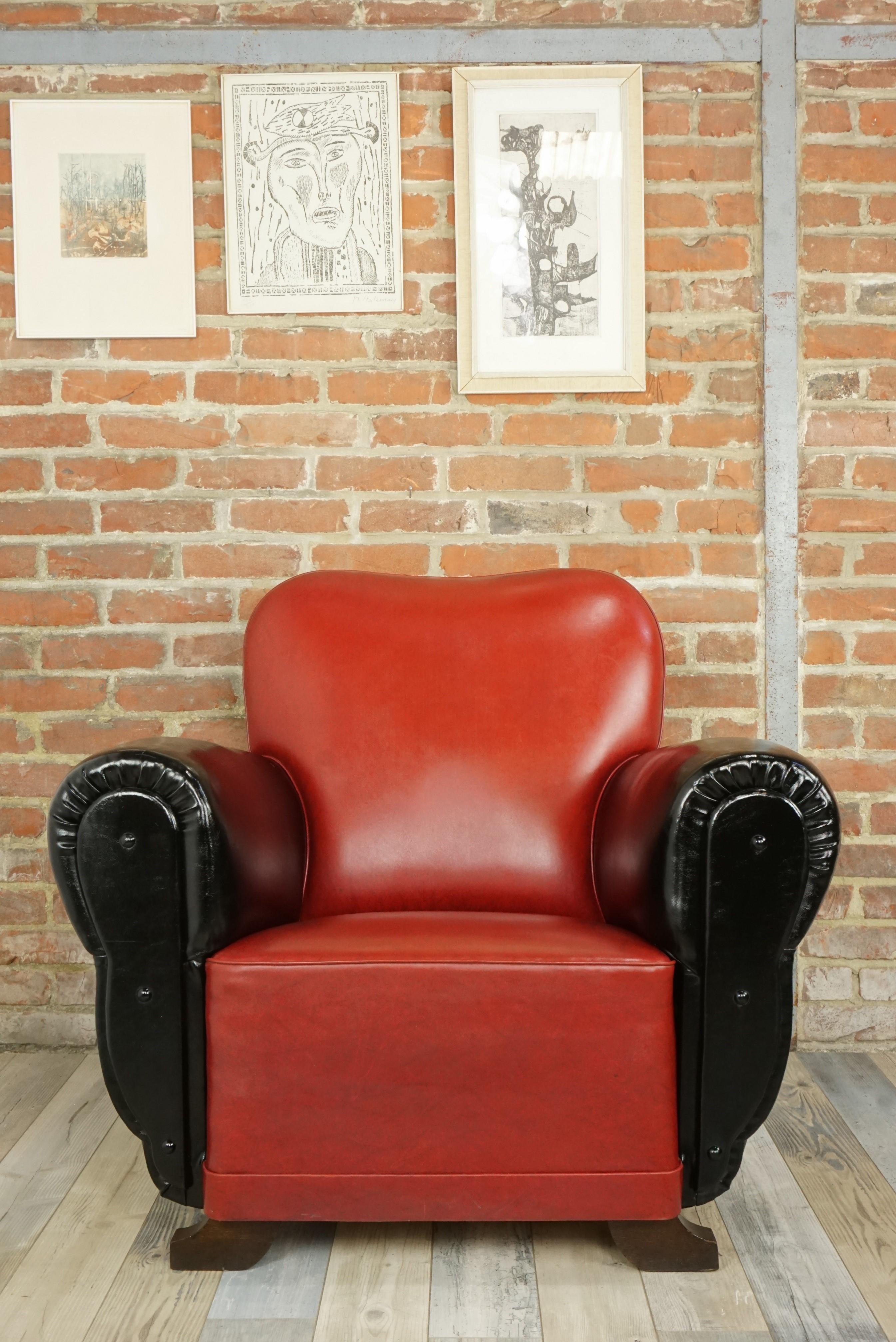 French Art Deco Red and Black Faux Leather Club Armchair 12