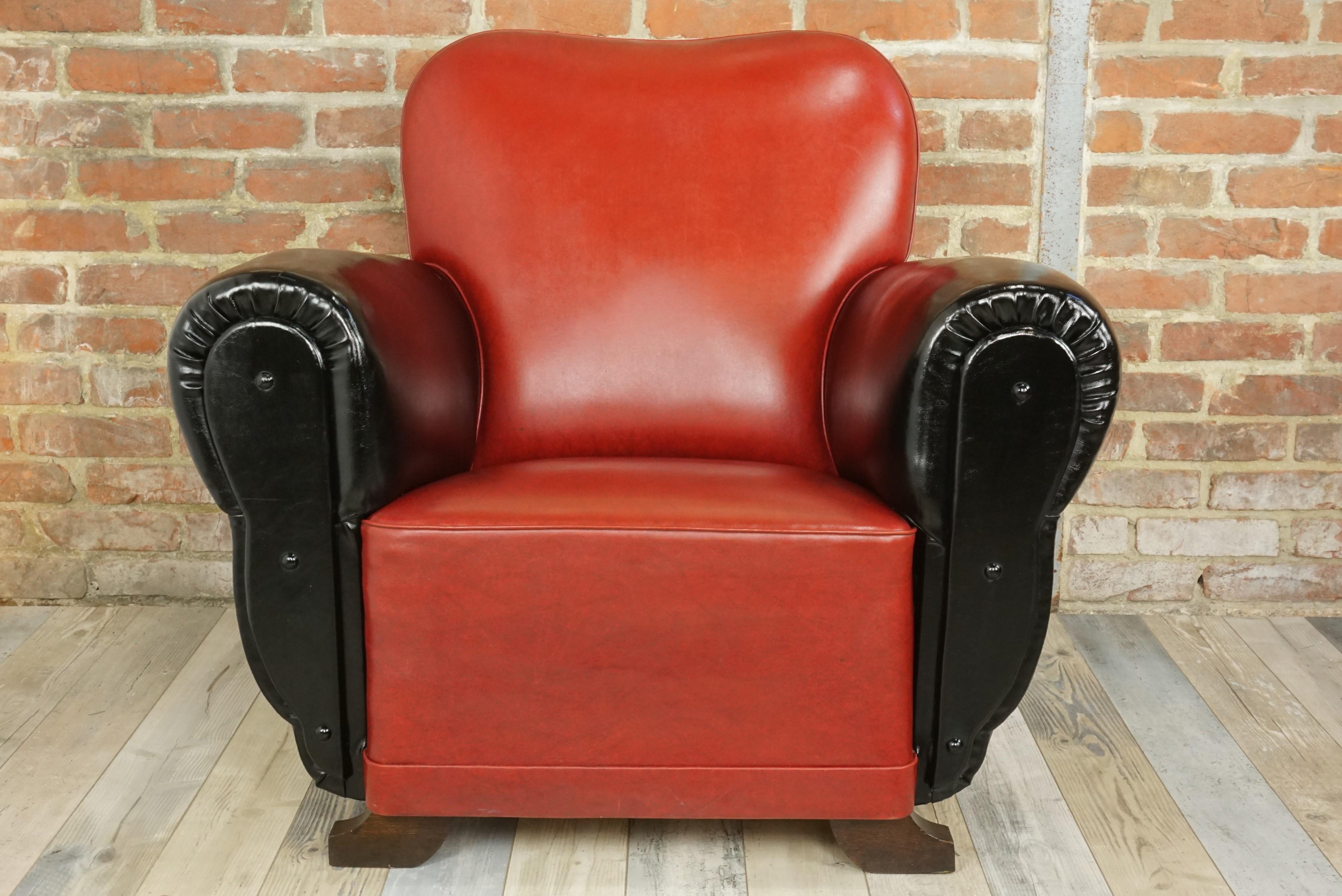 French Art Deco Red and Black Faux Leather Club Armchair 14