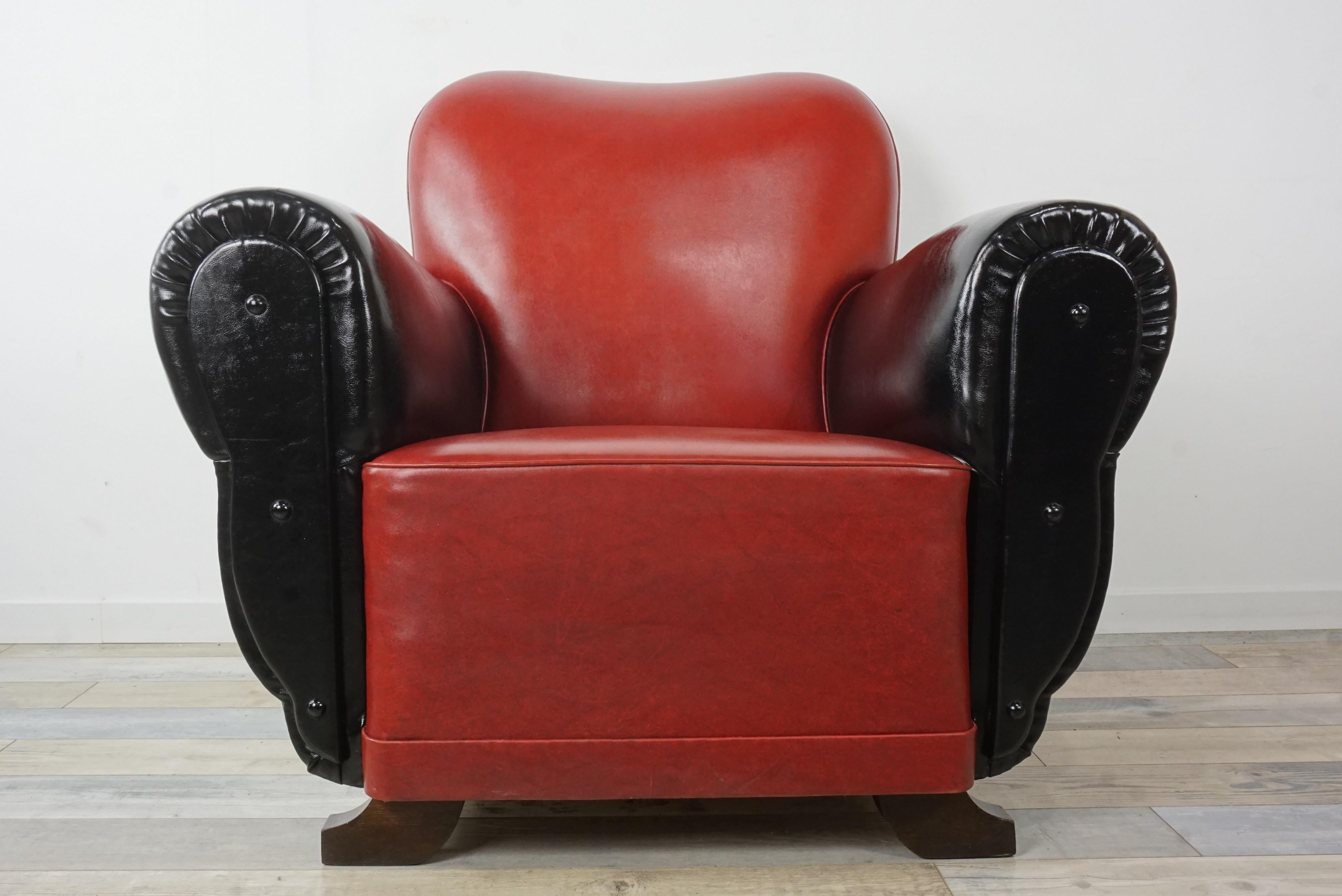 Mid-20th Century French Art Deco Red and Black Faux Leather Club Armchair