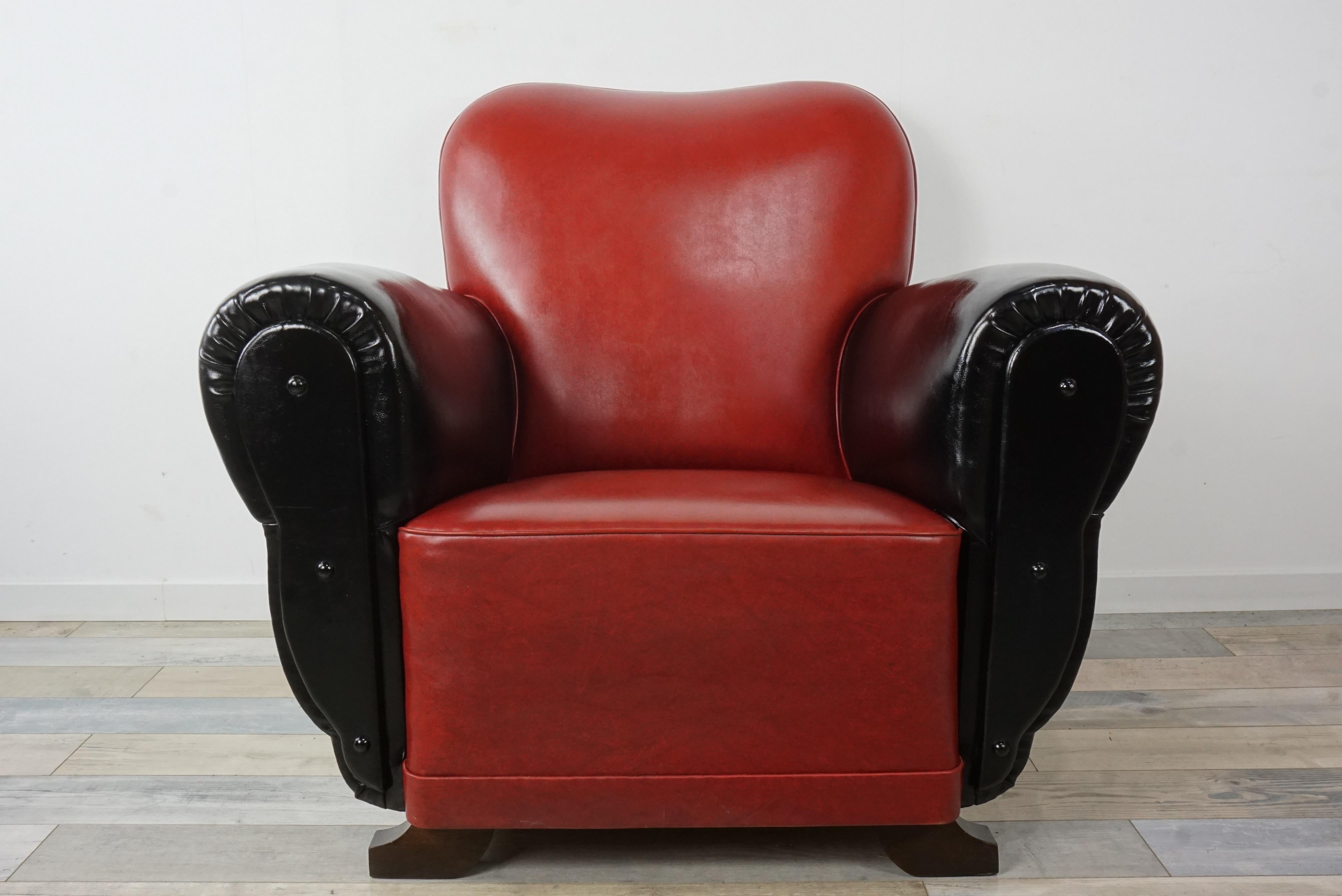 French Art Deco Red and Black Faux Leather Club Armchair 1