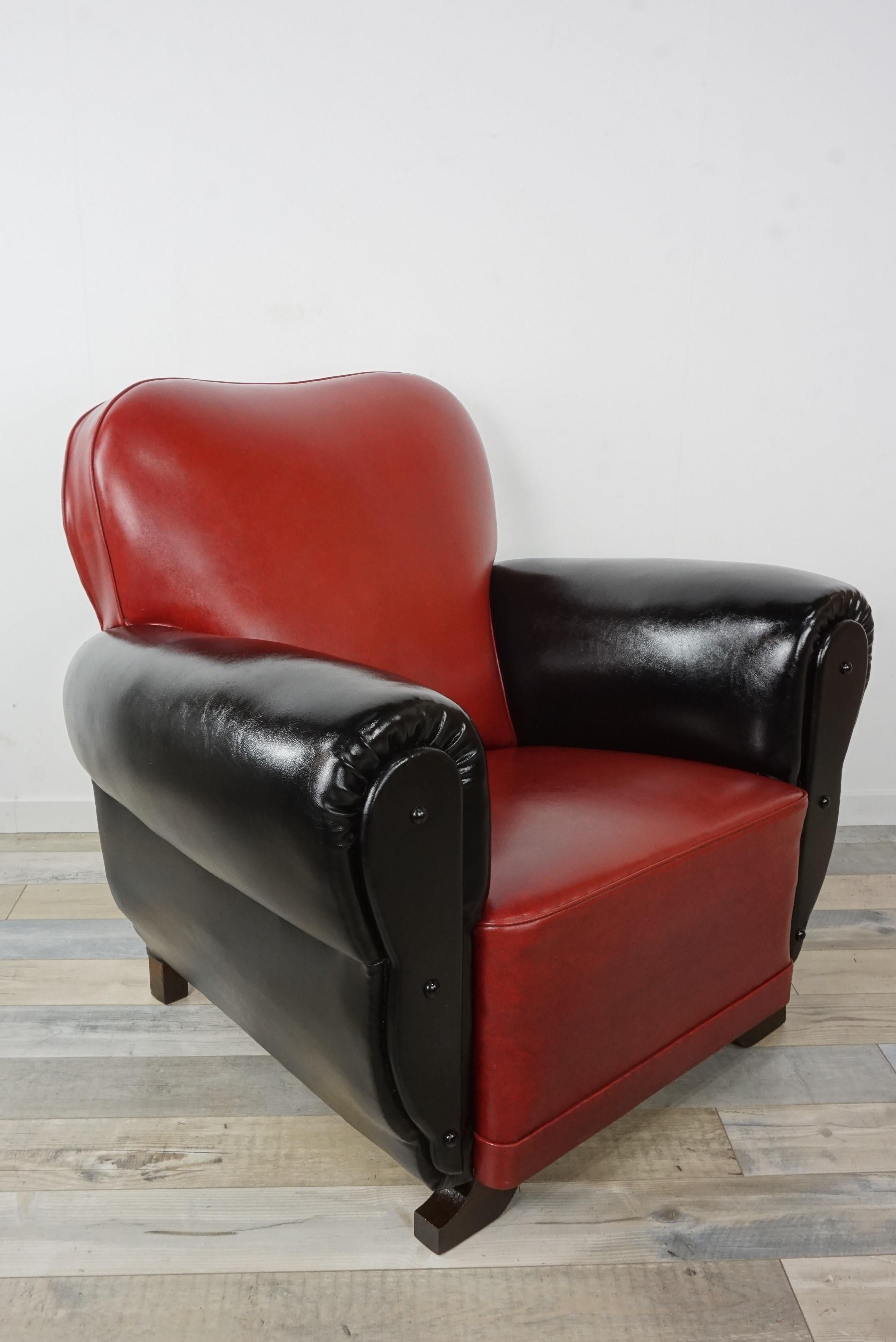 French Art Deco Red and Black Faux Leather Club Armchair 2