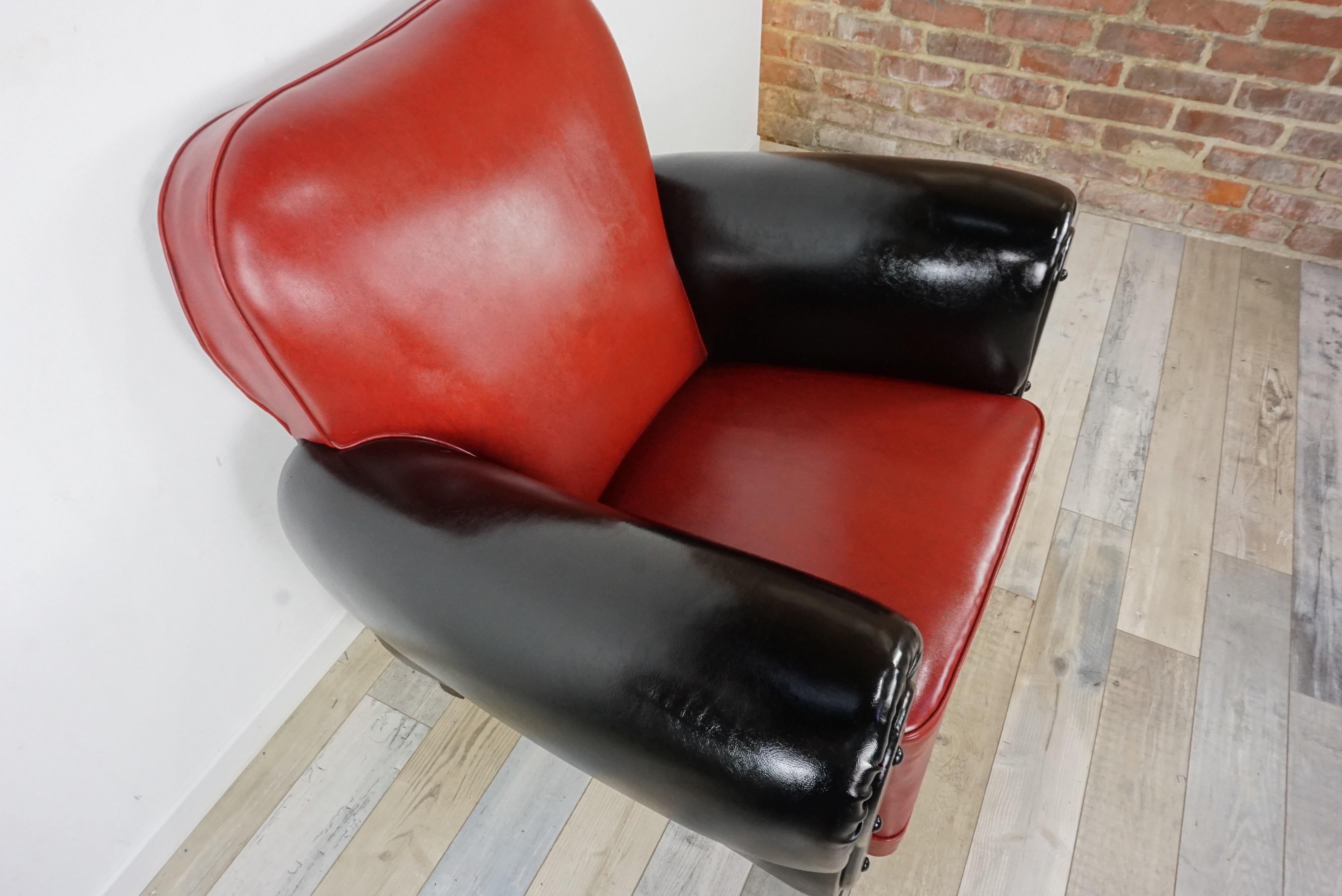 French Art Deco Red and Black Faux Leather Club Armchair 3