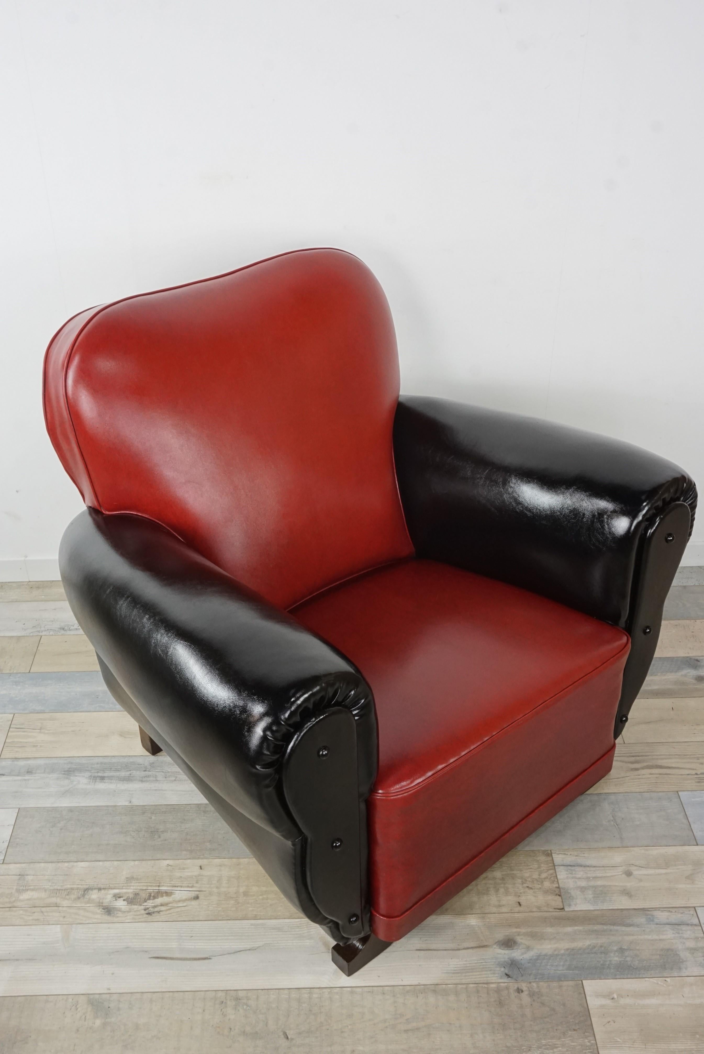 French Art Deco Red and Black Faux Leather Club Armchair 4