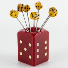 French Art Deco Red and Yellow Bakelite Dice Barware Cocktail Picks Set