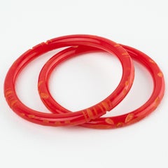 French Art Deco Red Carved Bakelite Bracelet Bangle Spacer, set 2 pieces