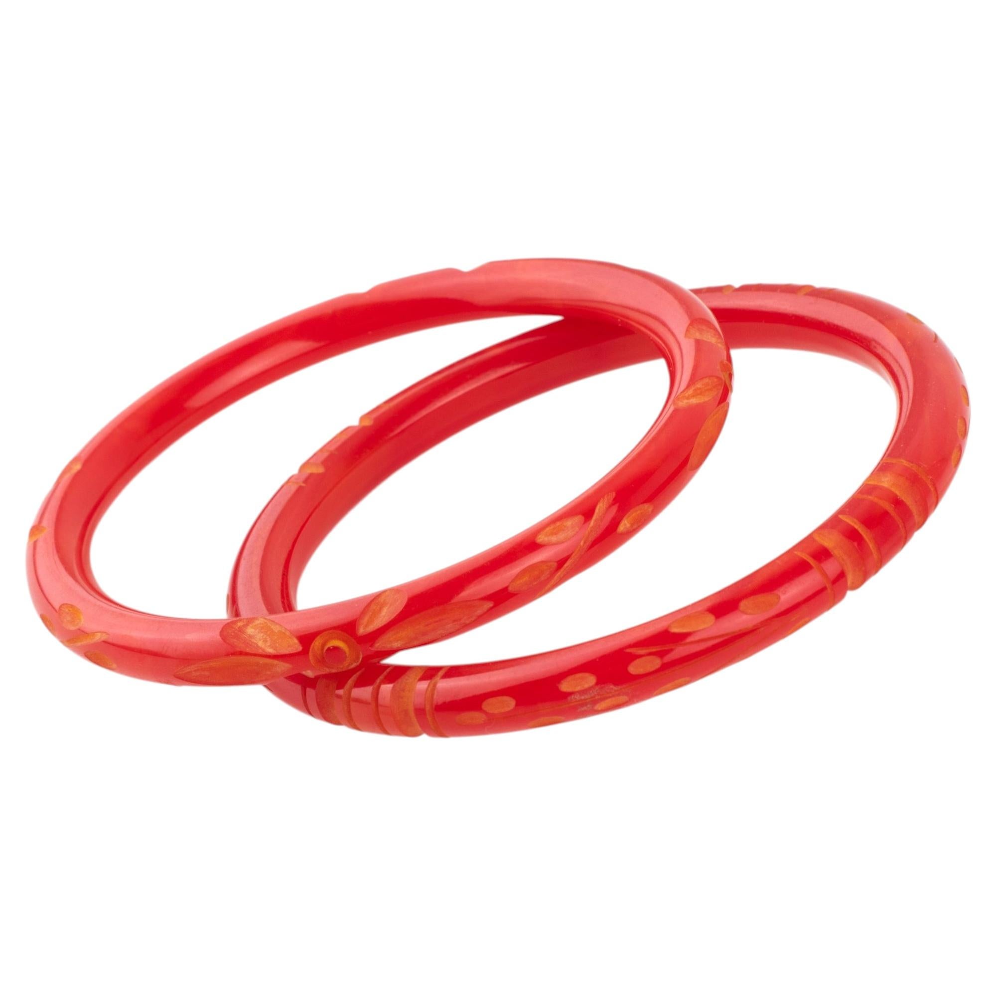 French Art Deco Red Carved Bakelite Bracelet Bangle Spacer, set 2 pieces