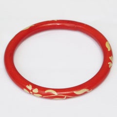 French Art Deco Red Celluloid Bracelet Bangle with White Floral Design
