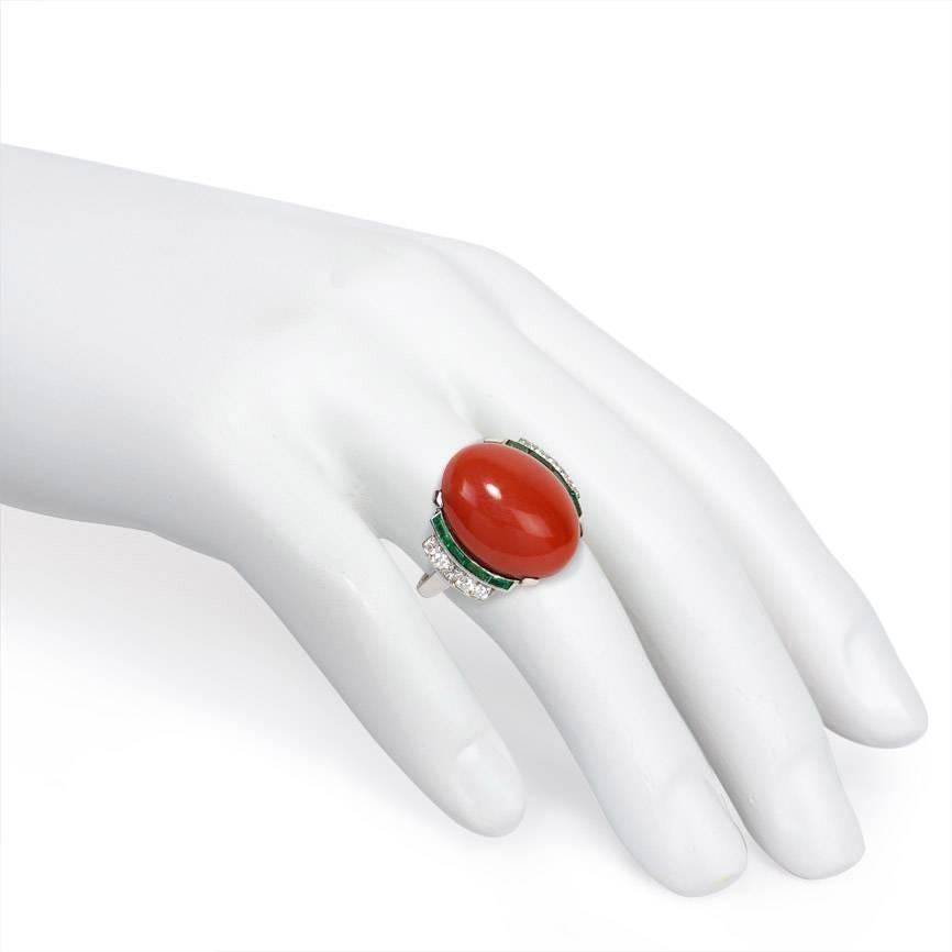 French Art Deco Red Coral, Emerald and Diamond Ring 1