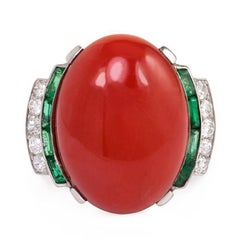 Antique French Art Deco Red Coral, Emerald and Diamond Ring