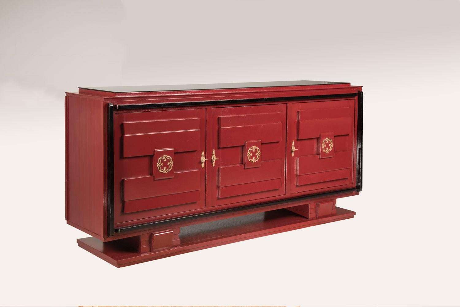 French 1940s Art Deco Style Red Lacquered and Black Details and Top Credenza 9