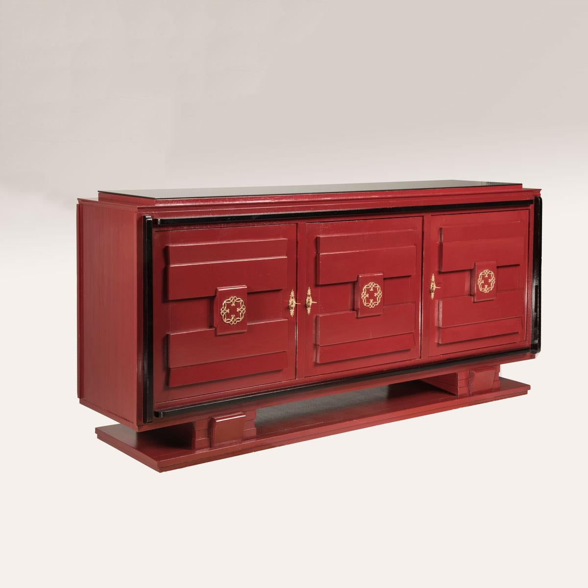 French 1940s Art Deco Style Red Lacquered and Black Details and Top Credenza 12
