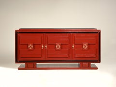 French 1940s Art Deco Style Red Lacquered and Black Details and Top Credenza