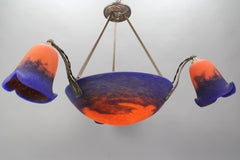 Lustre Art Déco français à quatre lumières en verre rouge, orange et bleu signé Rethondes