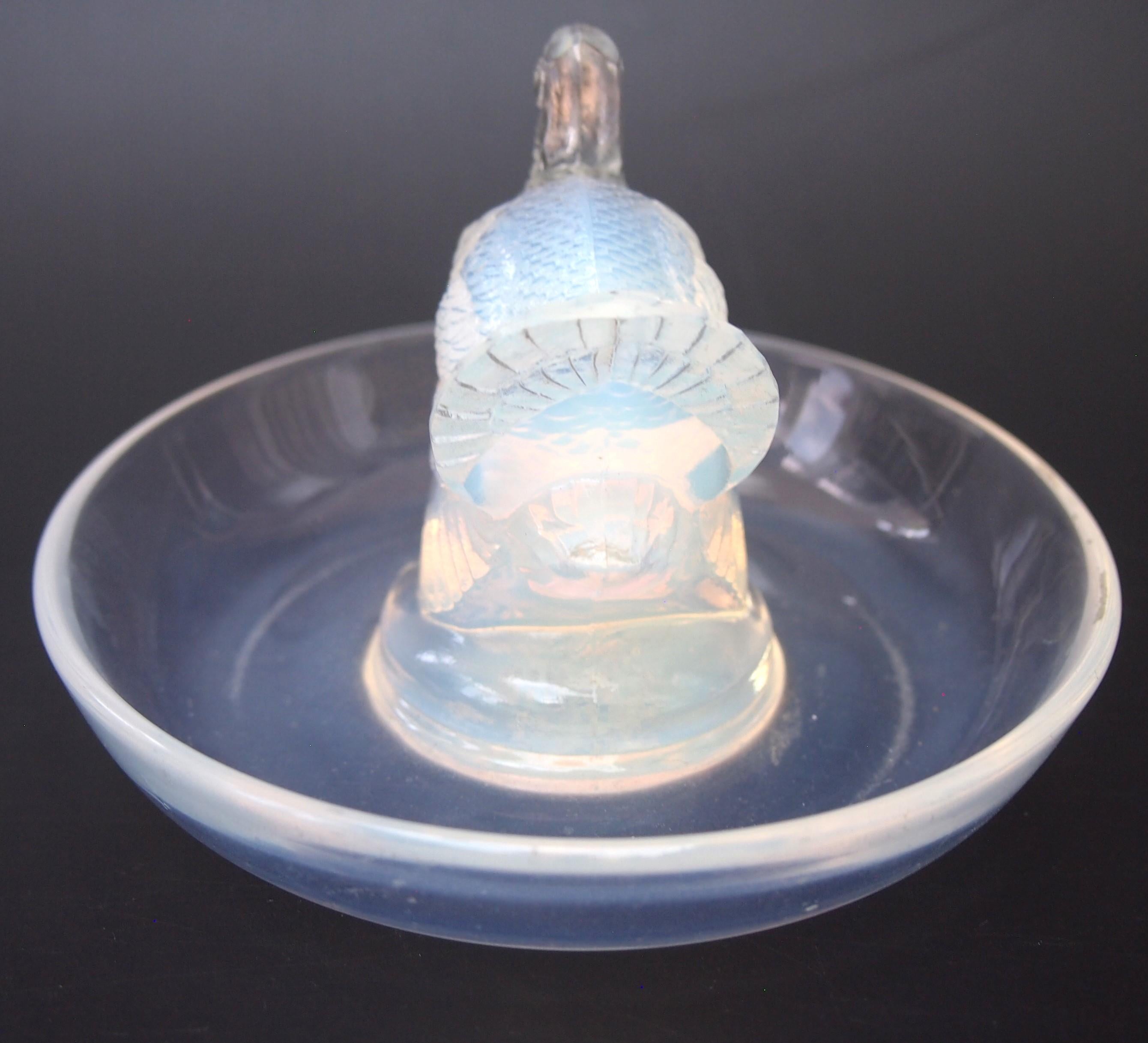 Early 20th Century French Art Deco Rene Lalique Opal Turkey  Glass Dish, 1925 -signed For Sale