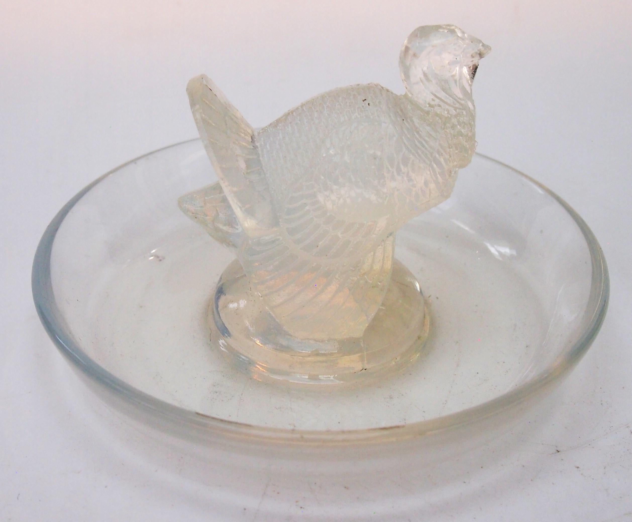 Art Glass French Art Deco Rene Lalique Opal Turkey  Glass Dish, 1925 -signed For Sale