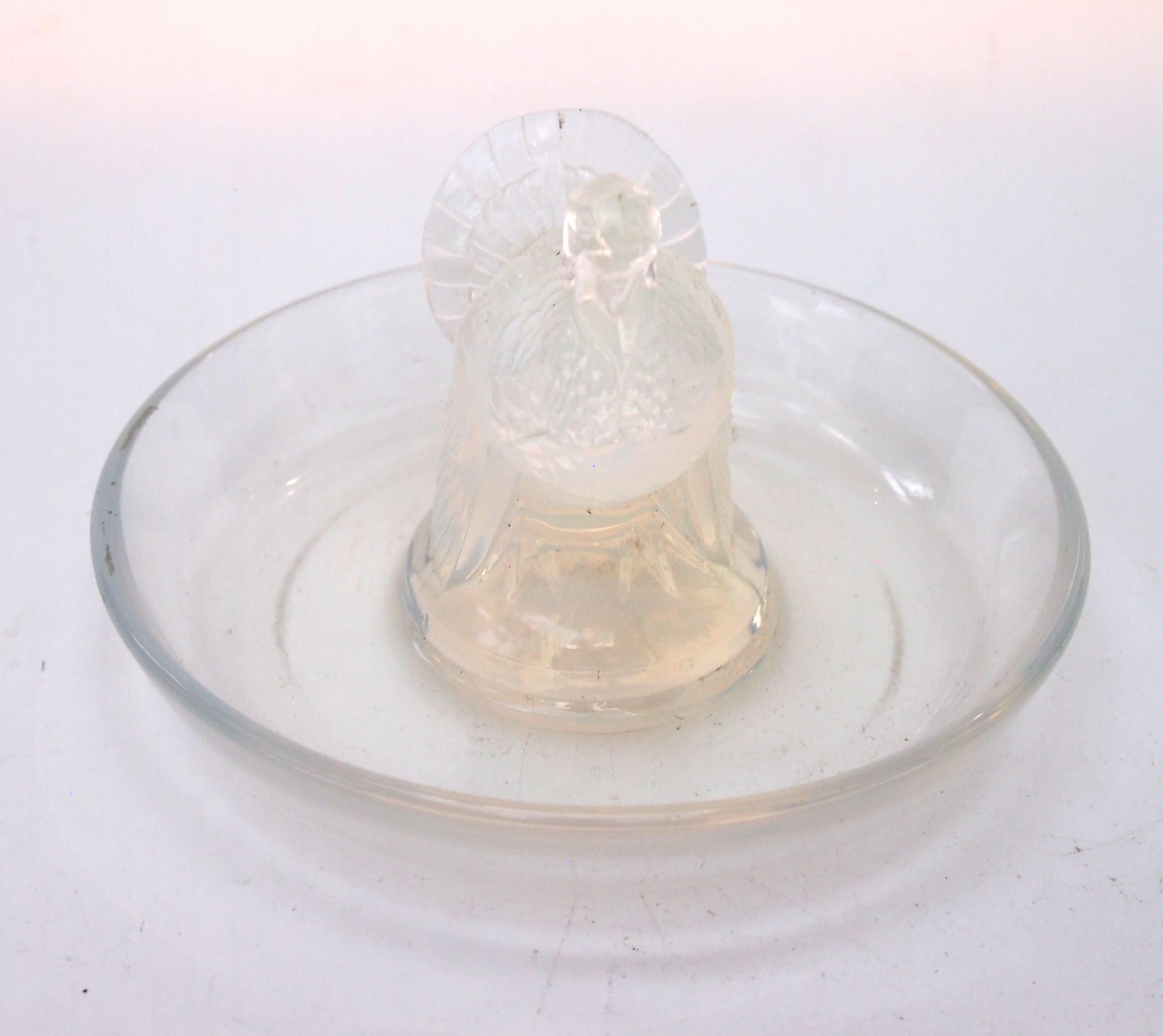 French Art Deco Rene Lalique Opal Turkey  Glass Dish, 1925 -signed For Sale 2