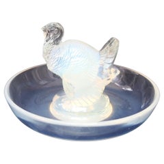 French Art Deco Rene Lalique Opal Turkey  Glass Dish, 1925 -signed