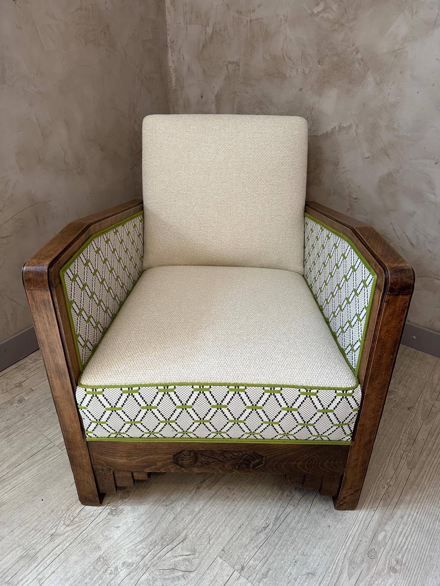Art Deco French Art deco Reupholstered Armchair with Outdoor Fabric, 1930s For Sale