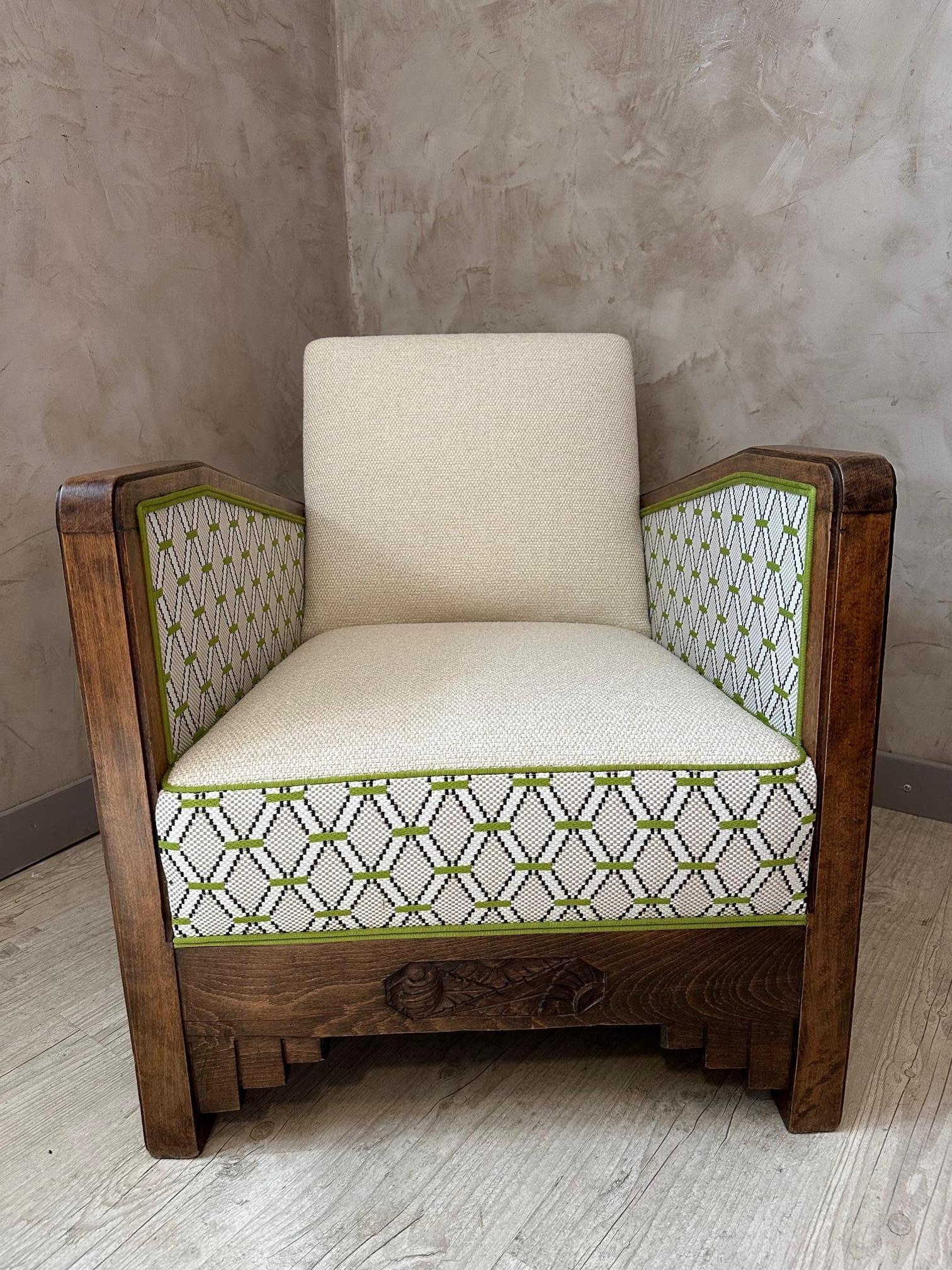 French Art deco Reupholstered Armchair with Outdoor Fabric, 1930s In Good Condition For Sale In LEGNY, FR