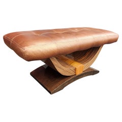 French Art Deco Revival Bench with Bronze Colored Leather and Exotic Woods
