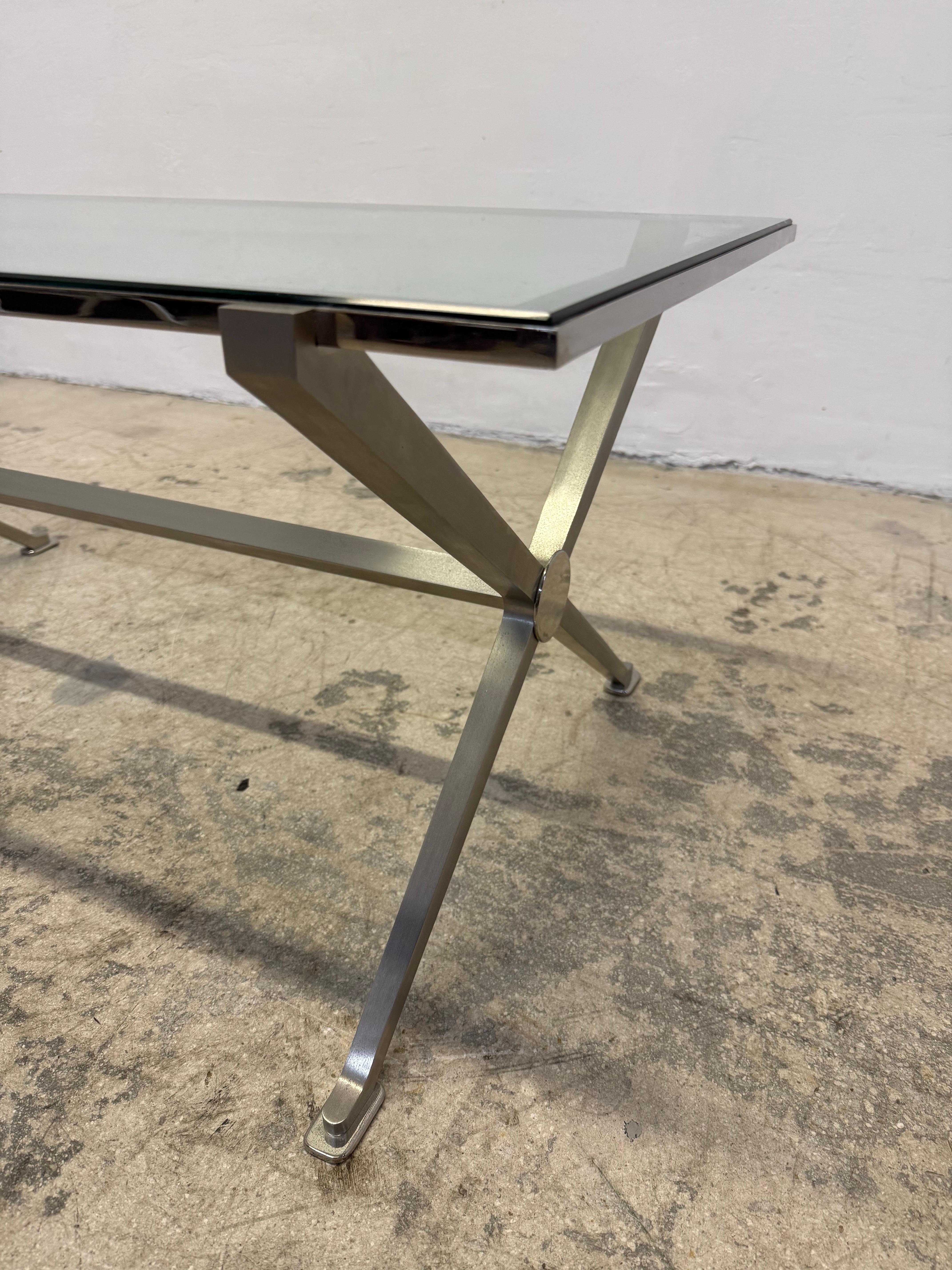 French Art Deco Revival Glass and Steel Coffee or Cocktail Table, 1970s - 1 of 2 For Sale 6