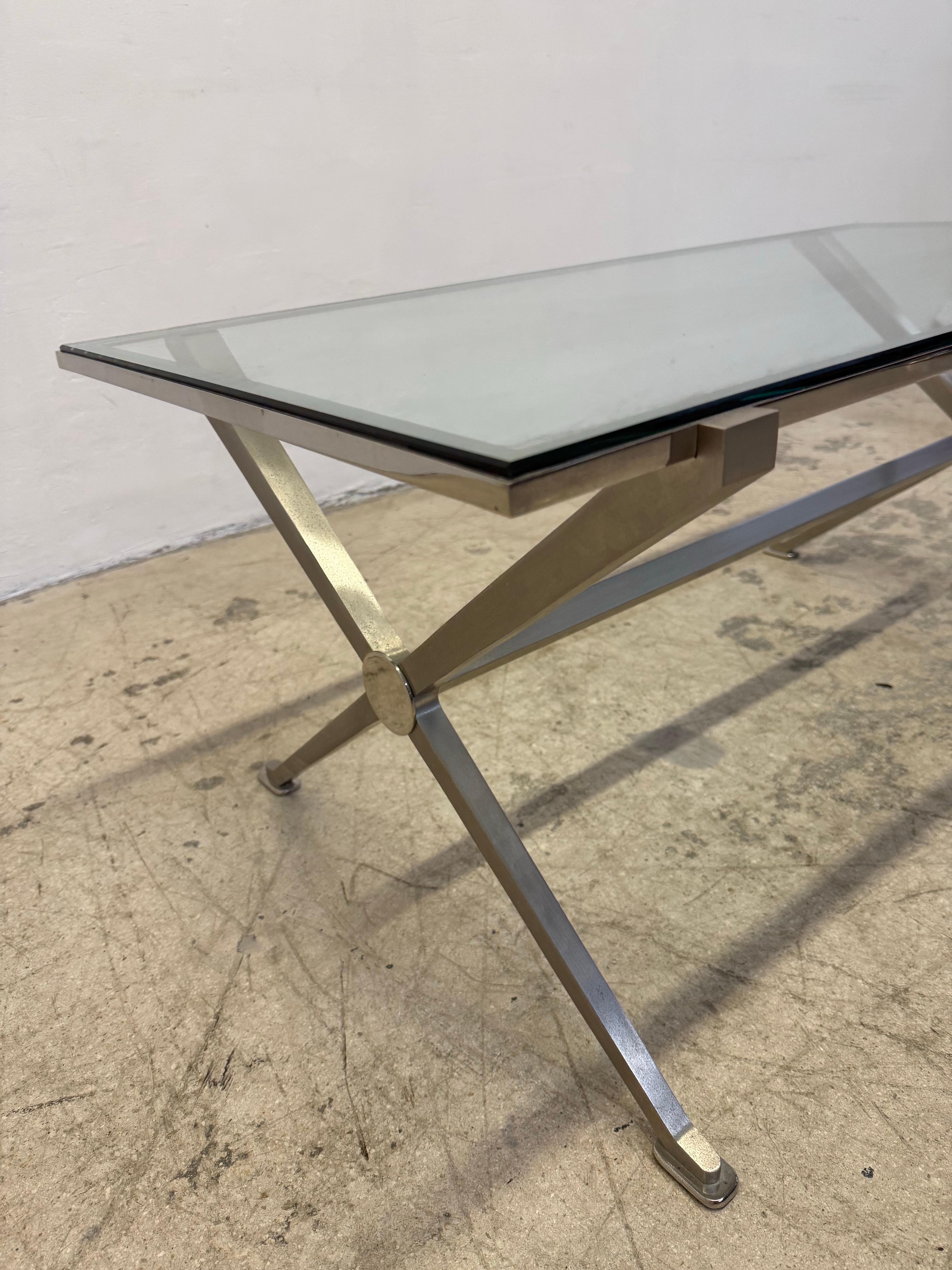 French Art Deco Revival Glass and Steel Coffee or Cocktail Table, 1970s - 1 of 2 For Sale 8
