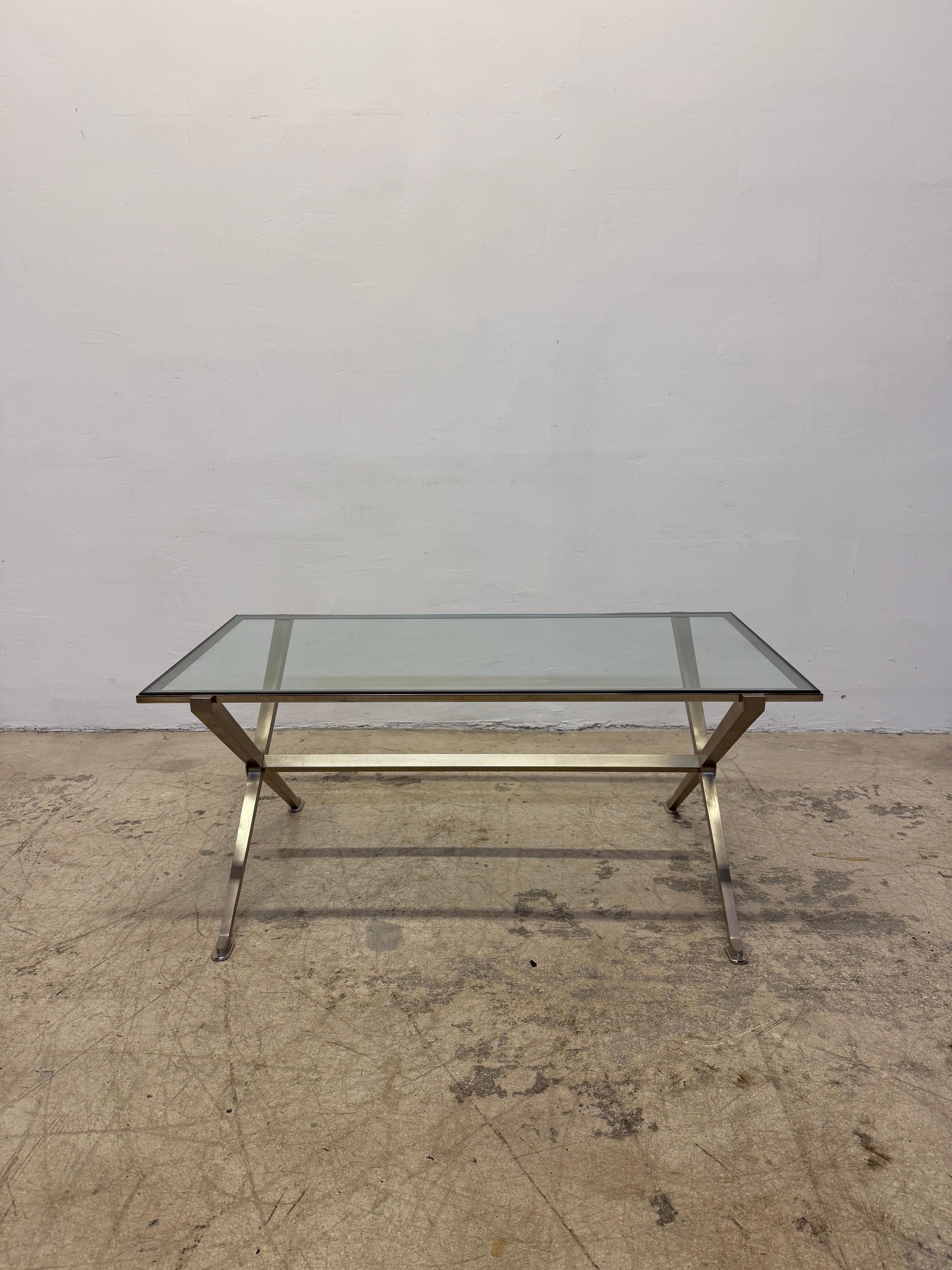 20th Century French Art Deco Revival Glass and Steel Coffee or Cocktail Table, 1970s - 1 of 2 For Sale