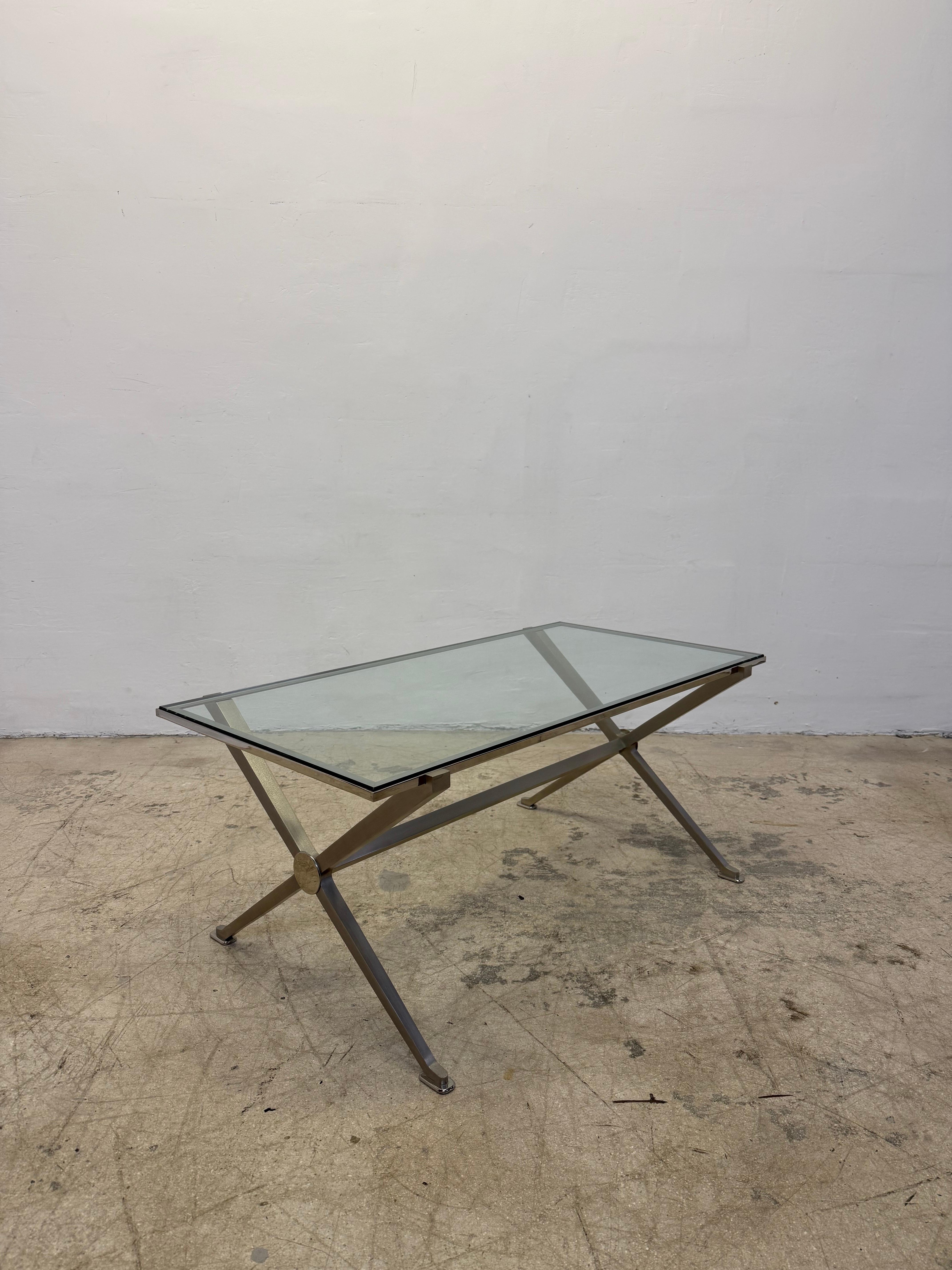 French Art Deco Revival Glass and Steel Coffee or Cocktail Table, 1970s - 1 of 2 For Sale 2