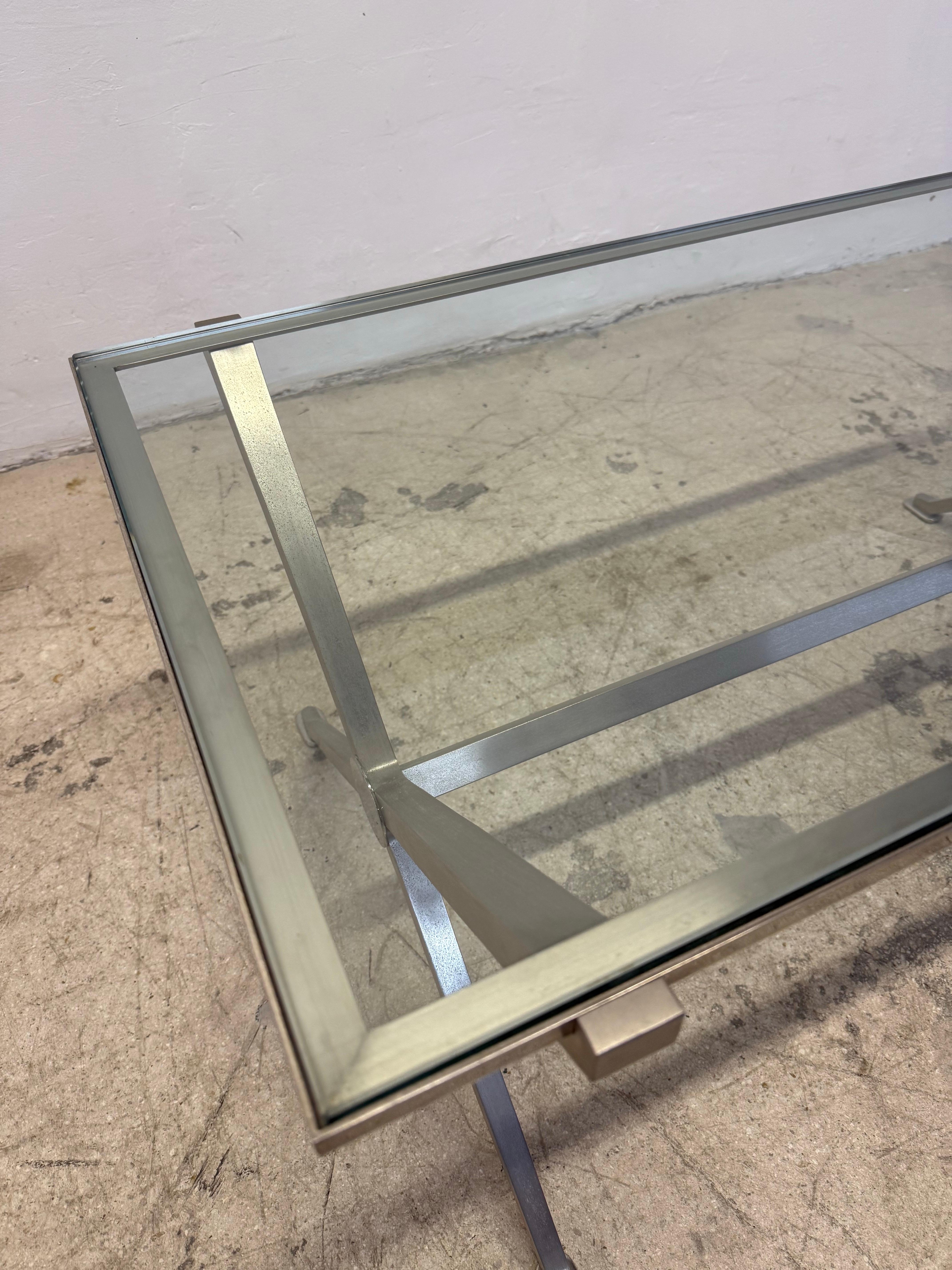 French Art Deco Revival Glass and Steel Coffee or Cocktail Table, 1970s - 2 of 2 For Sale 5