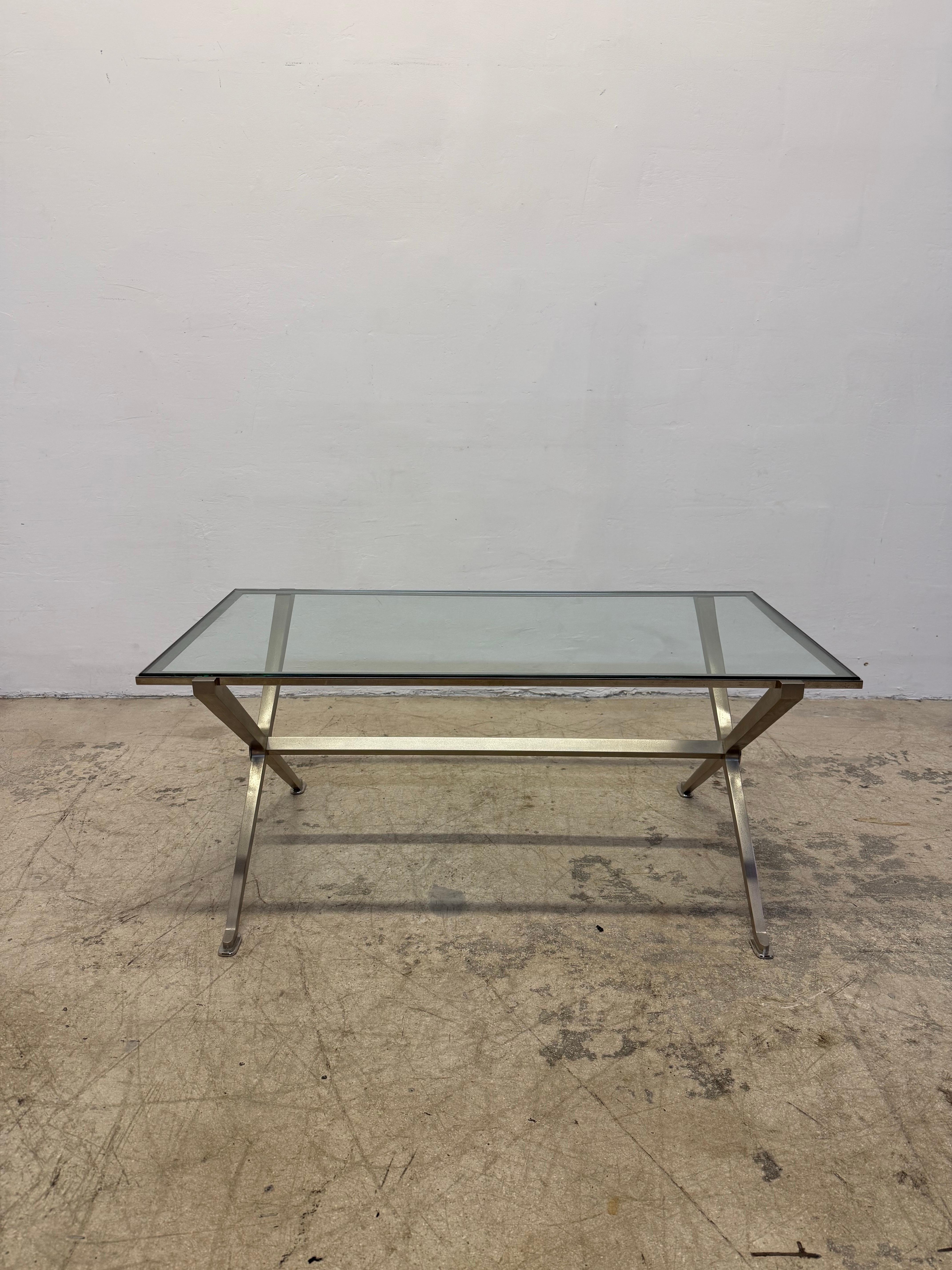 20th Century French Art Deco Revival Glass and Steel Coffee or Cocktail Table, 1970s - 2 of 2 For Sale