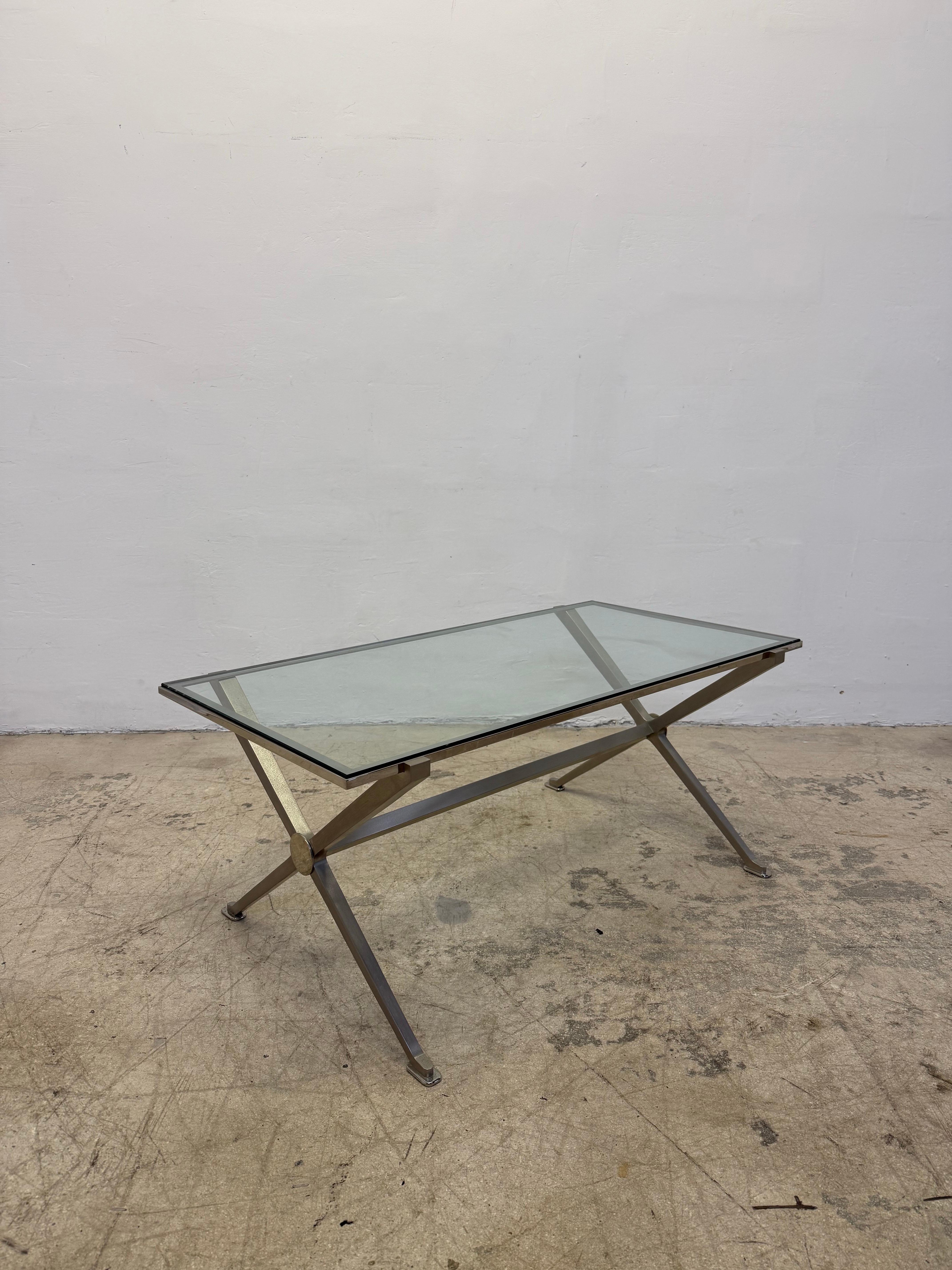 French Art Deco Revival Glass and Steel Coffee or Cocktail Table, 1970s - 2 of 2 For Sale 1