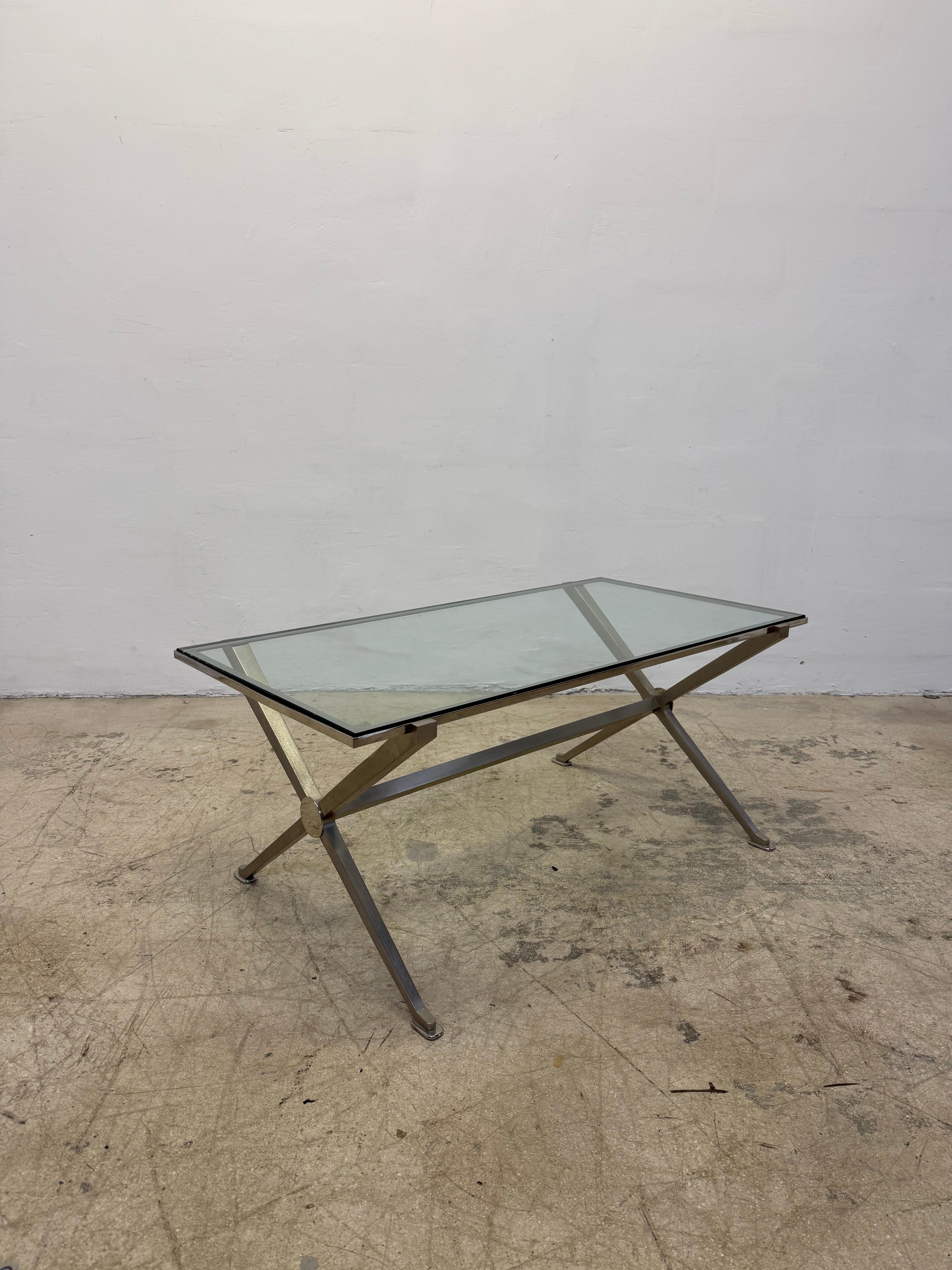 French Art Deco Revival Glass and Steel Coffee or Cocktail Table, 1970s - 2 of 2 For Sale 2