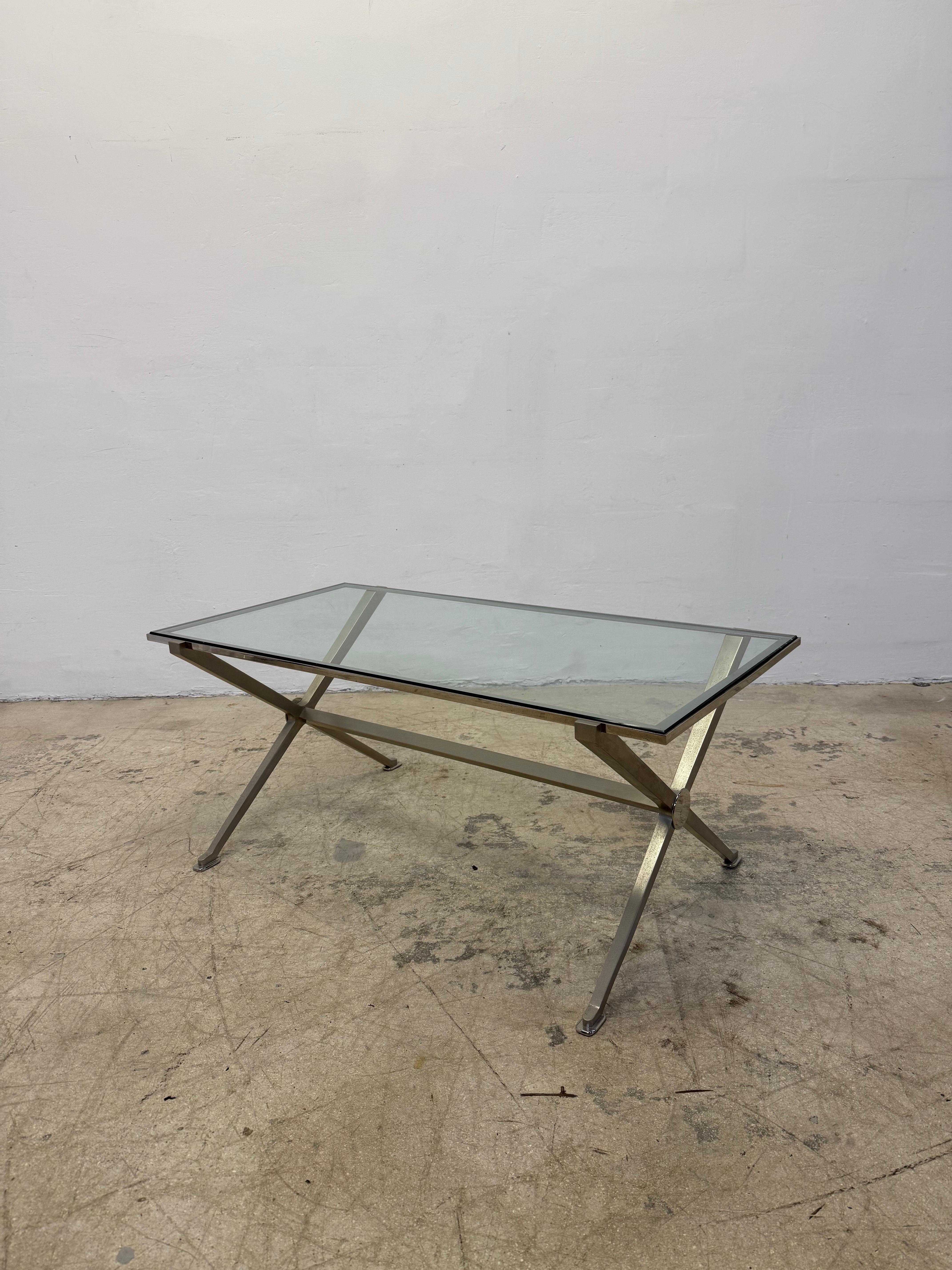 French Art Deco Revival Glass and Steel Coffee or Cocktail Table, 1970s - 2 of 2 For Sale 3