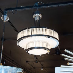 French Art Deco Revival Streamlined Two-Tiered Chrome & Glass Rod Chandelier