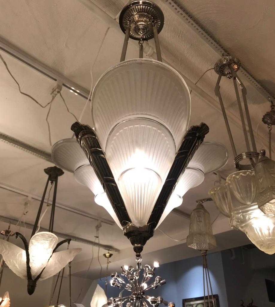 French Art Deco Ribbed Chandelier For Sale 6