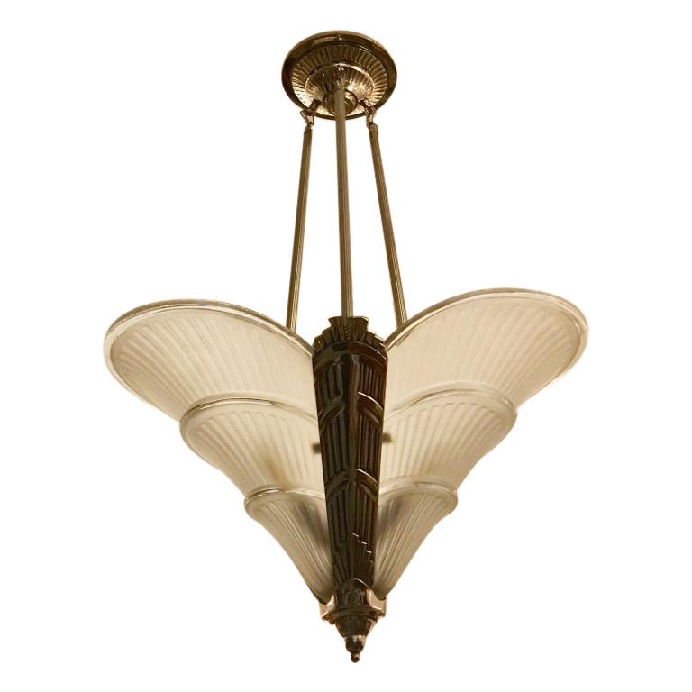 French Art Deco Ribbed Chandelier For Sale