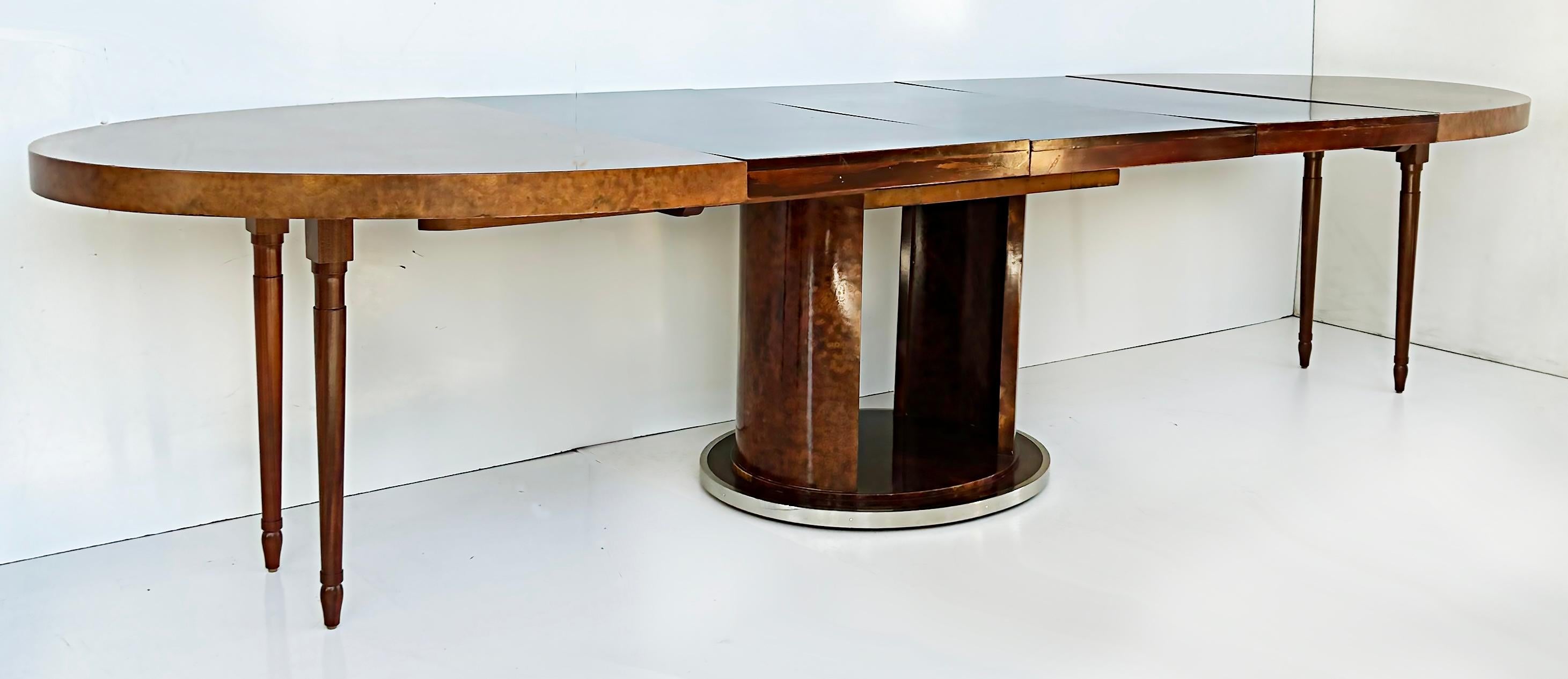 20th Century French Art Deco Rinck Paris Burlwood Dining Table 1930s, Extending Oval Pedestal