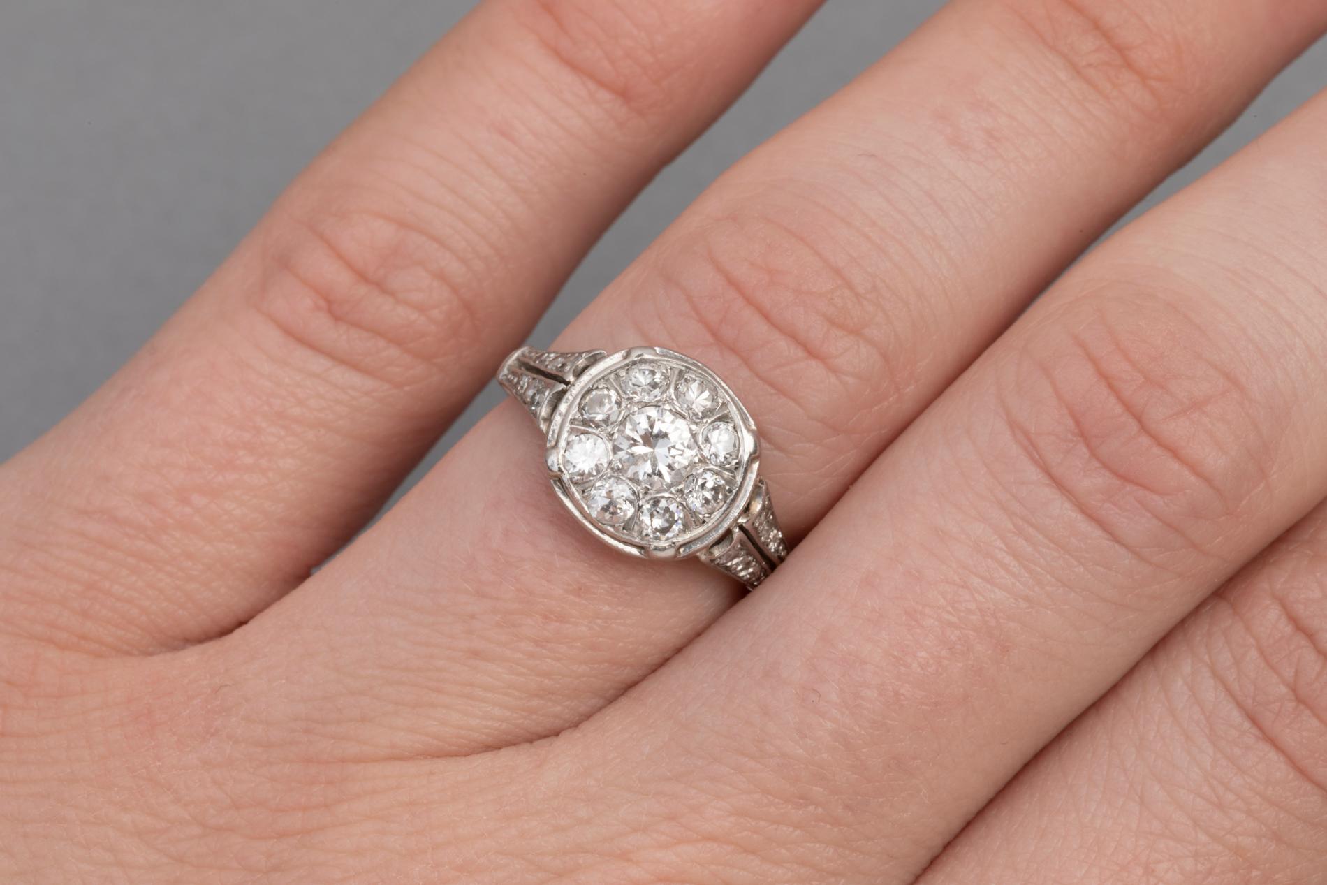 Women's French Art Deco Ring, Platinum and Diamonds