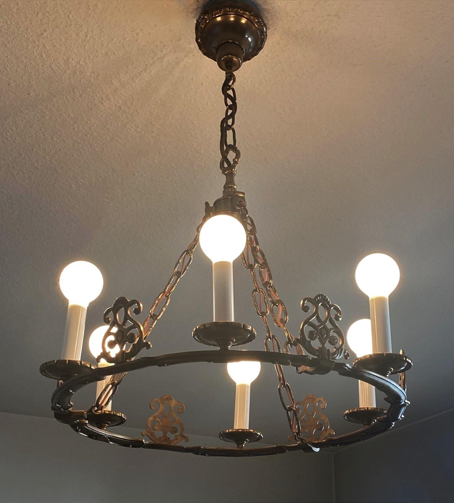 French Old Bronze Six-Light Chandelier in Country House Style, France, 1930s For Sale 5