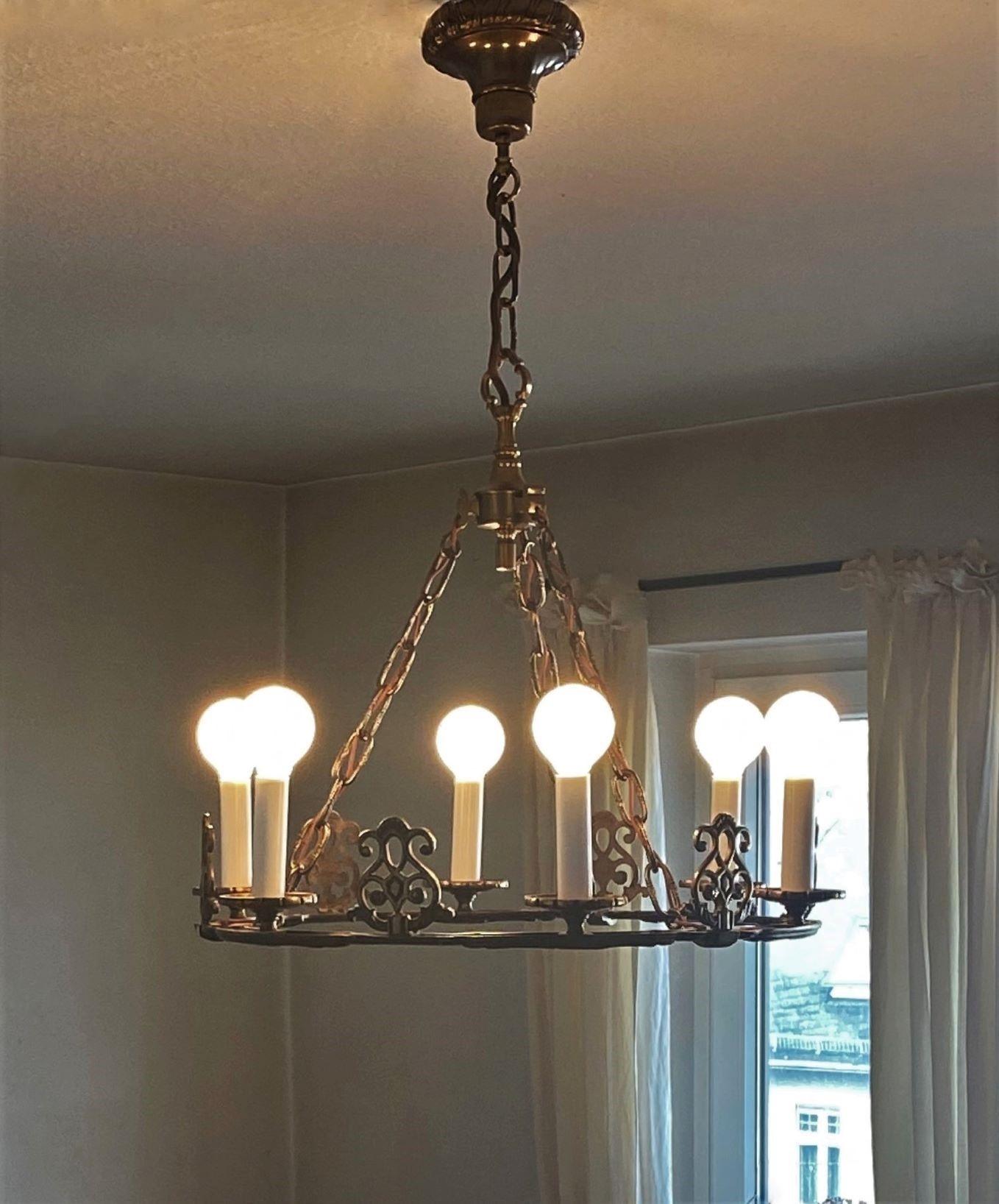 French Old Bronze Six-Light Chandelier in Country House Style, France, 1930s For Sale 6