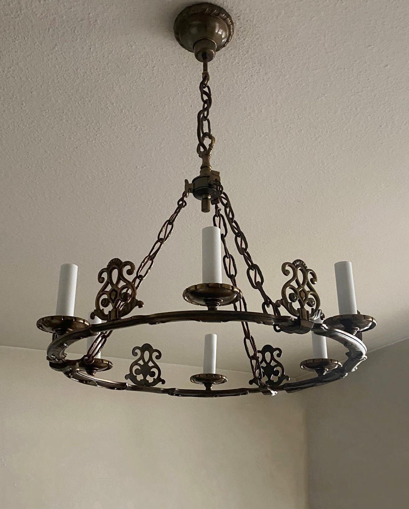 French Old Bronze Six-Light Chandelier in Country House Style, France, 1930s For Sale 7