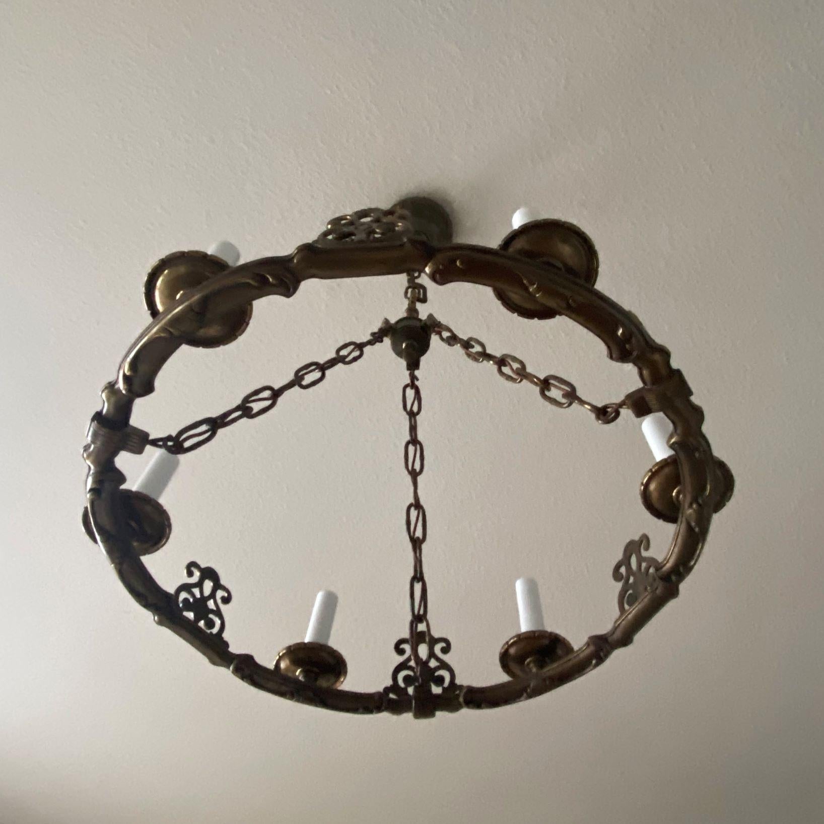 French Old Bronze Six-Light Chandelier in Country House Style, France, 1930s For Sale 8