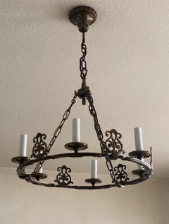 French Old Bronze Six-Light Chandelier in Country House Style, France, 1930s