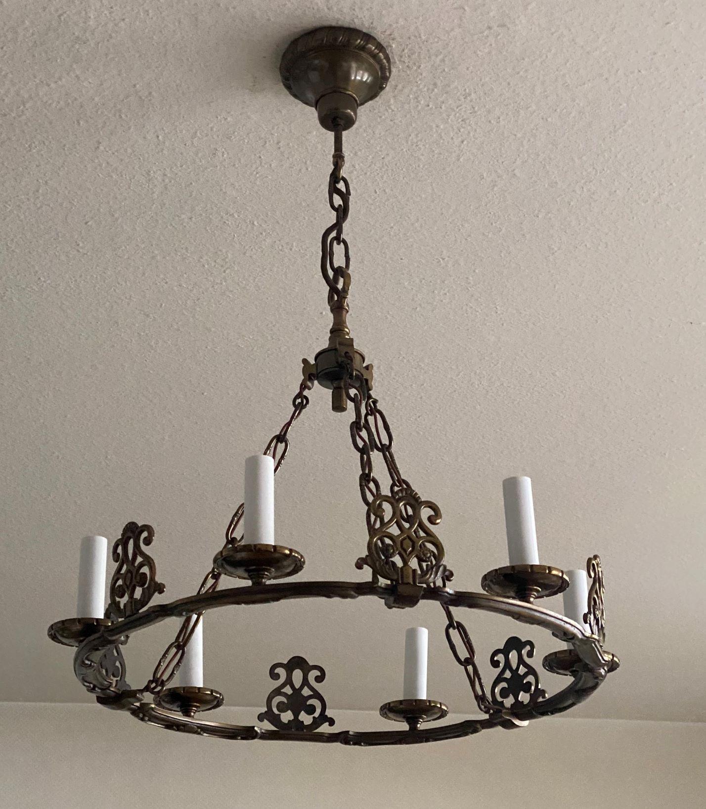 Art Deco French Old Bronze Six-Light Chandelier in Country House Style, France, 1930s For Sale